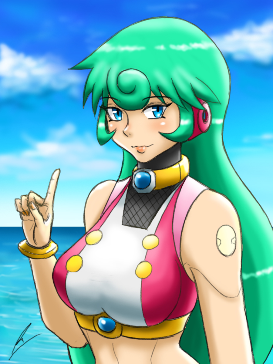 1girl android aqua_hair bangs blue_eyes blue_sky blush borockman85 breasts cloud eyebrows_visible_through_hair green_hair highres index_finger_raised lips long_hair marino ocean robot_ears robot_joints rockman rockman_x rockman_x_command_mission signature sky smile solo swimsuit