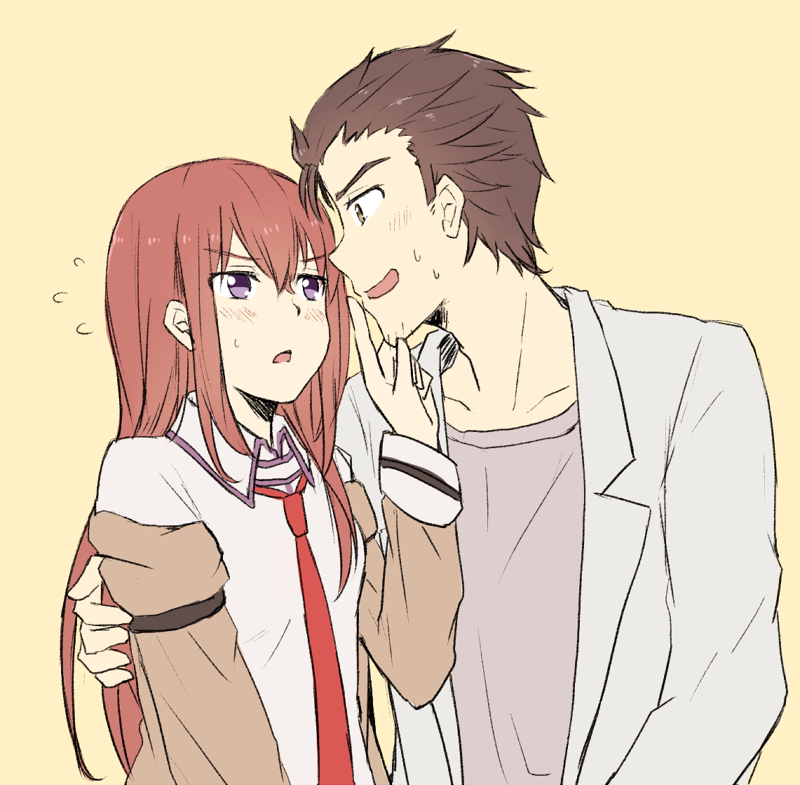 1girl arm_around_back black_hair blush breasts collarbone collared_shirt facial_hair finger_to_another's_mouth flying_sweatdrops jacket labcoat long_hair long_sleeves makise_kurisu messy_hair necktie off_shoulder okabe_rintarou open_mouth orange_background profile purple_eyes red_hair shirt short_hair simple_background small_breasts steins;gate stubble sweatdrop upper_body yellow_eyes yugure