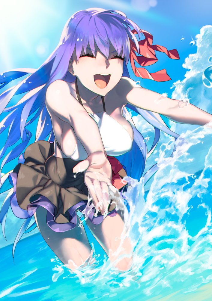92m bangs bare_shoulders bb_(fate)_(all) bb_(fate/extra_ccc) black_skirt blue_sky breasts cleavage closed_eyes collarbone commentary_request day fate/extra fate/extra_ccc fate_(series) hair_ribbon large_breasts long_hair ocean open_mouth purple_hair red_ribbon ribbon sideboob skirt sky smile solo splashing sunlight thighs wading