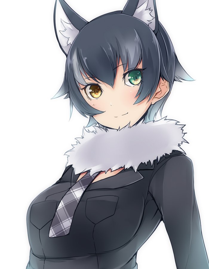 alternate_hair_length alternate_hairstyle amai_nekuta animal_ears bangs black_shirt brown_eyes closed_mouth collared_shirt commentary_request eyebrows_visible_through_hair fur_collar green_eyes grey_hair grey_wolf_(kemono_friends) heterochromia kemono_friends long_sleeves looking_at_viewer necktie plaid_neckwear shirt short_hair simple_background smile solo upper_body white_background wolf_ears