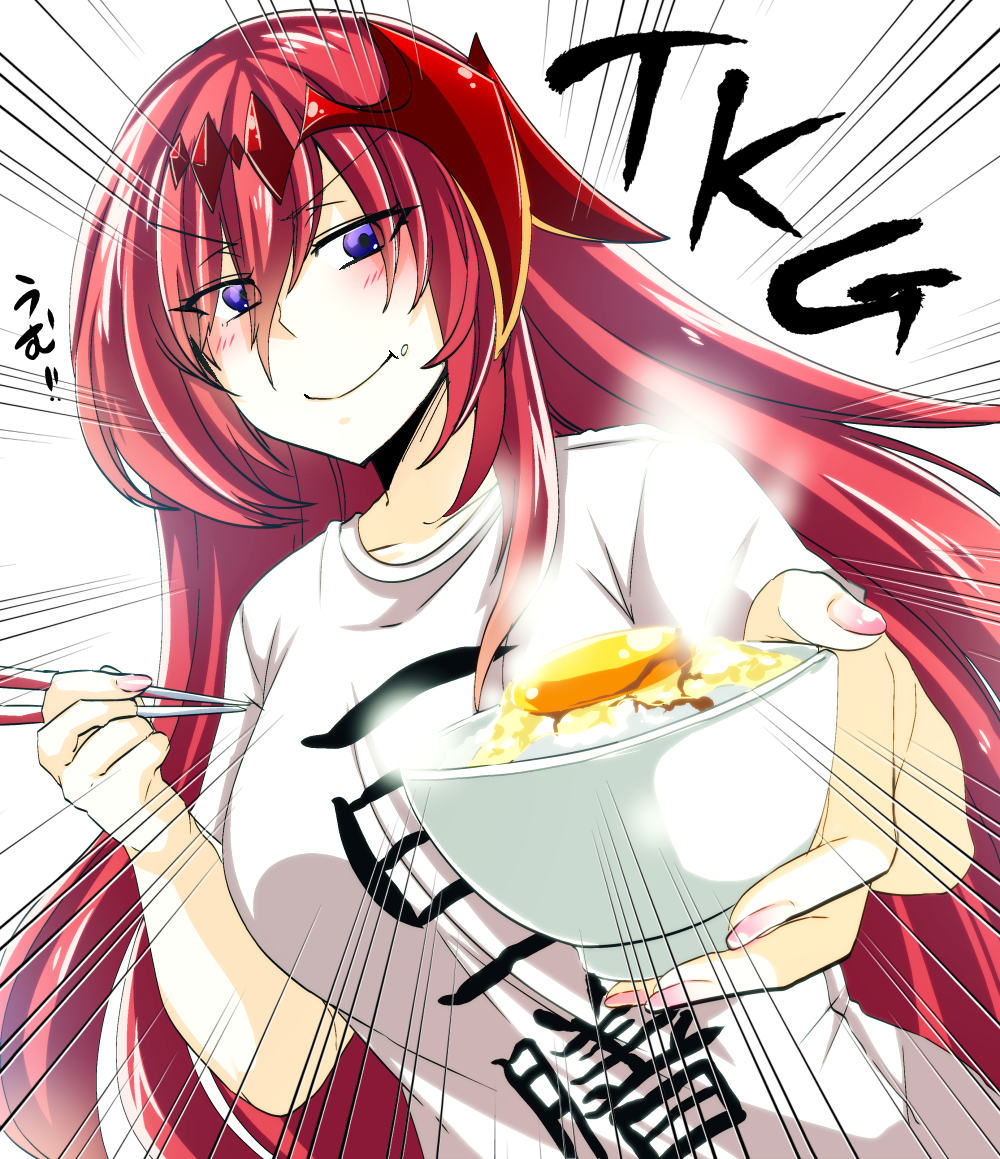 bad_id bad_pixiv_id blue_eyes blush bowl breasts chopsticks commentary_request godguard_brodia granblue_fantasy hair_between_eyes hair_ornament headgear large_breasts long_hair looking_at_viewer red_hair shirt short_sleeves solo t-shirt takatsuki_arunashi translation_request very_long_hair