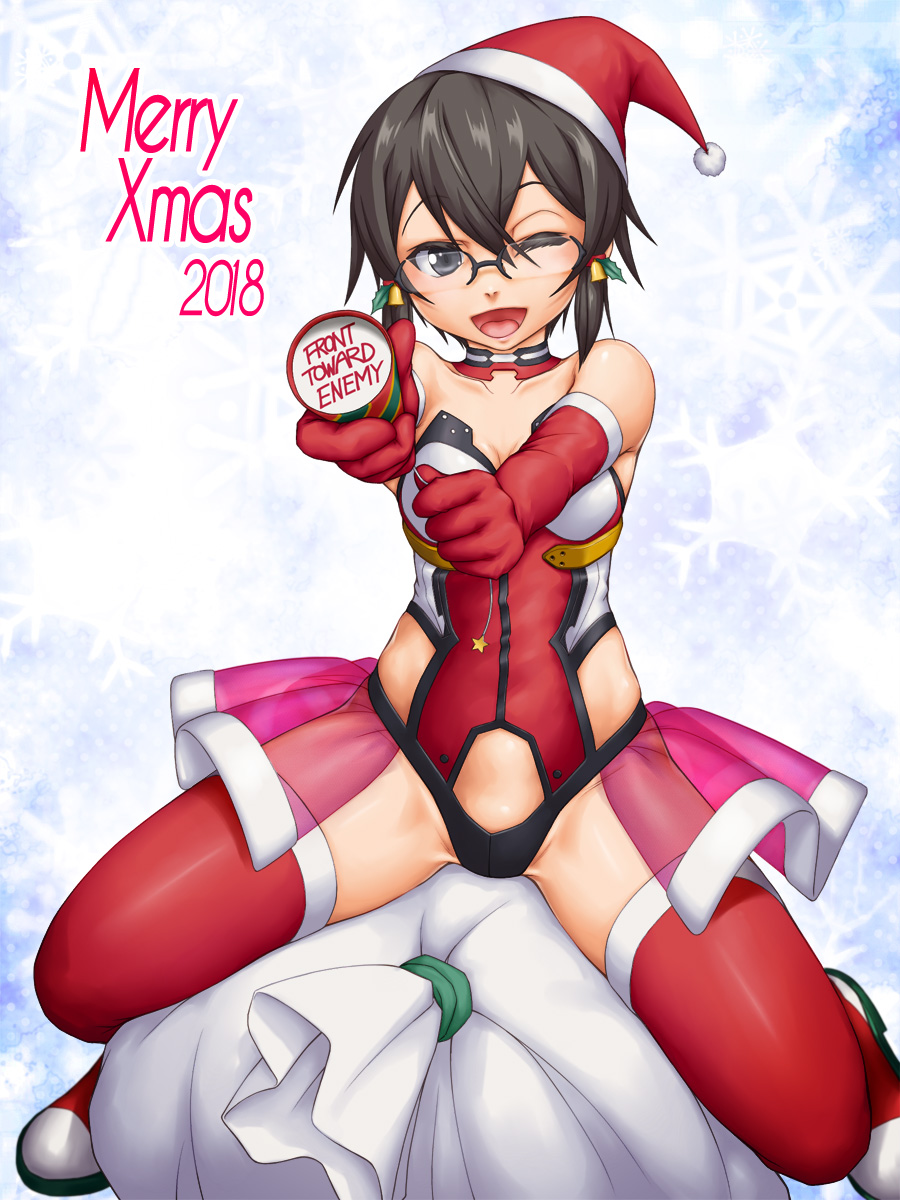 1girl 2018 ^jj^ asada_shino bare_shoulders black_eyes black_hair breasts christmas dated detached_collar elbow_gloves english_text eyebrows_visible_through_hair fur_trim glasses gloves hair_ornament hat highres leotard long_hair looking_at_viewer low-tied_long_hair medium_breasts merry_christmas one_eye_closed open_mouth party_popper red_gloves red_legwear sack santa_hat see-through semi-rimless_eyewear short_hair showgirl_skirt sidelocks sitting snowflake_print solo sword_art_online thighhighs