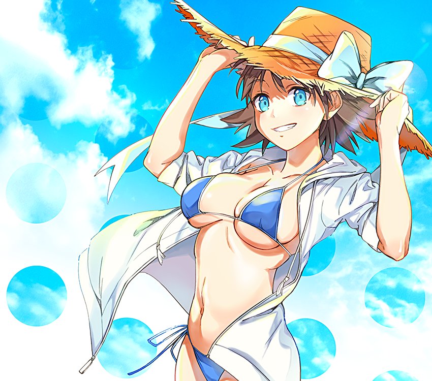 bikini blue_bikini blue_eyes brown_hair commentary_request day hands_on_headwear hat hiei_(kantai_collection) hood hoodie kantai_collection looking_at_viewer navel saki_(little_crown) short_hair sky sleeves_rolled_up smile solo straw_hat swimsuit