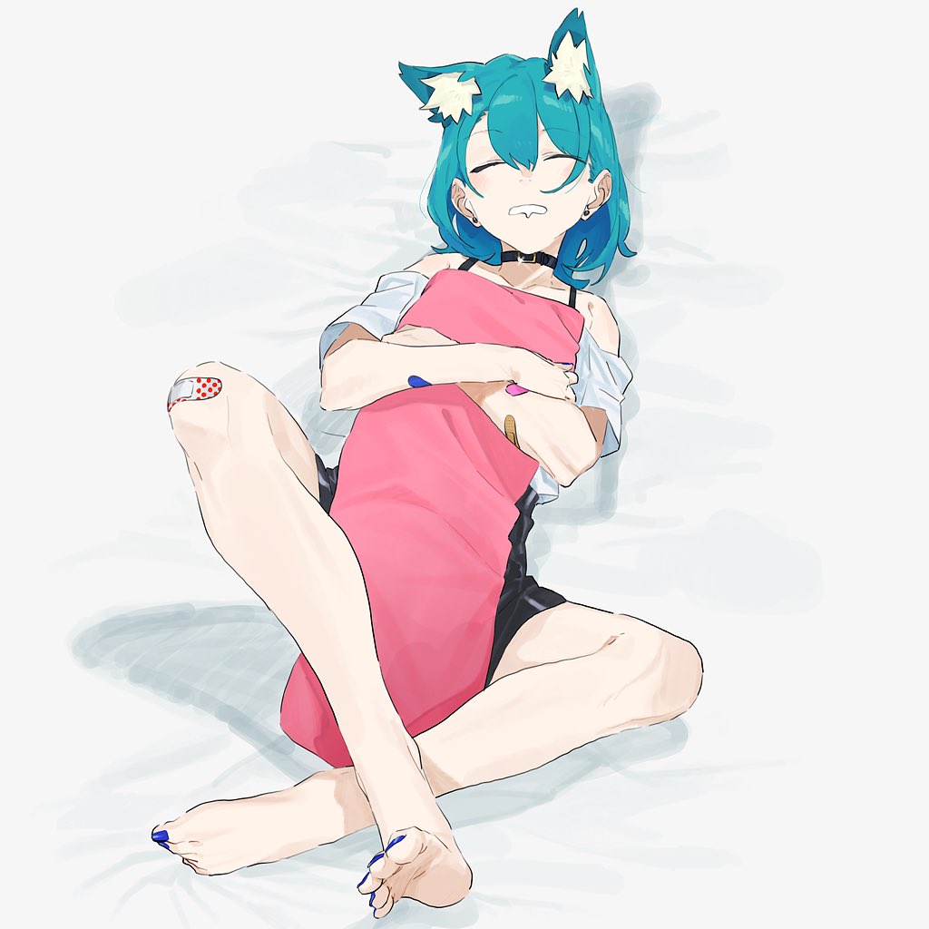 animal_ears bandaid bandaid_on_arm bandaid_on_knee bare_shoulders barefoot black_pants blue_hair choker commentary drooling ear_piercing eir_(machi) extra_ears feet full_body hair_between_eyes lying machi_(wm) manicure off-shoulder_shirt on_back original pants piercing shirt short_hair simple_background sleeping soles solo toenail_polish white_background white_shirt