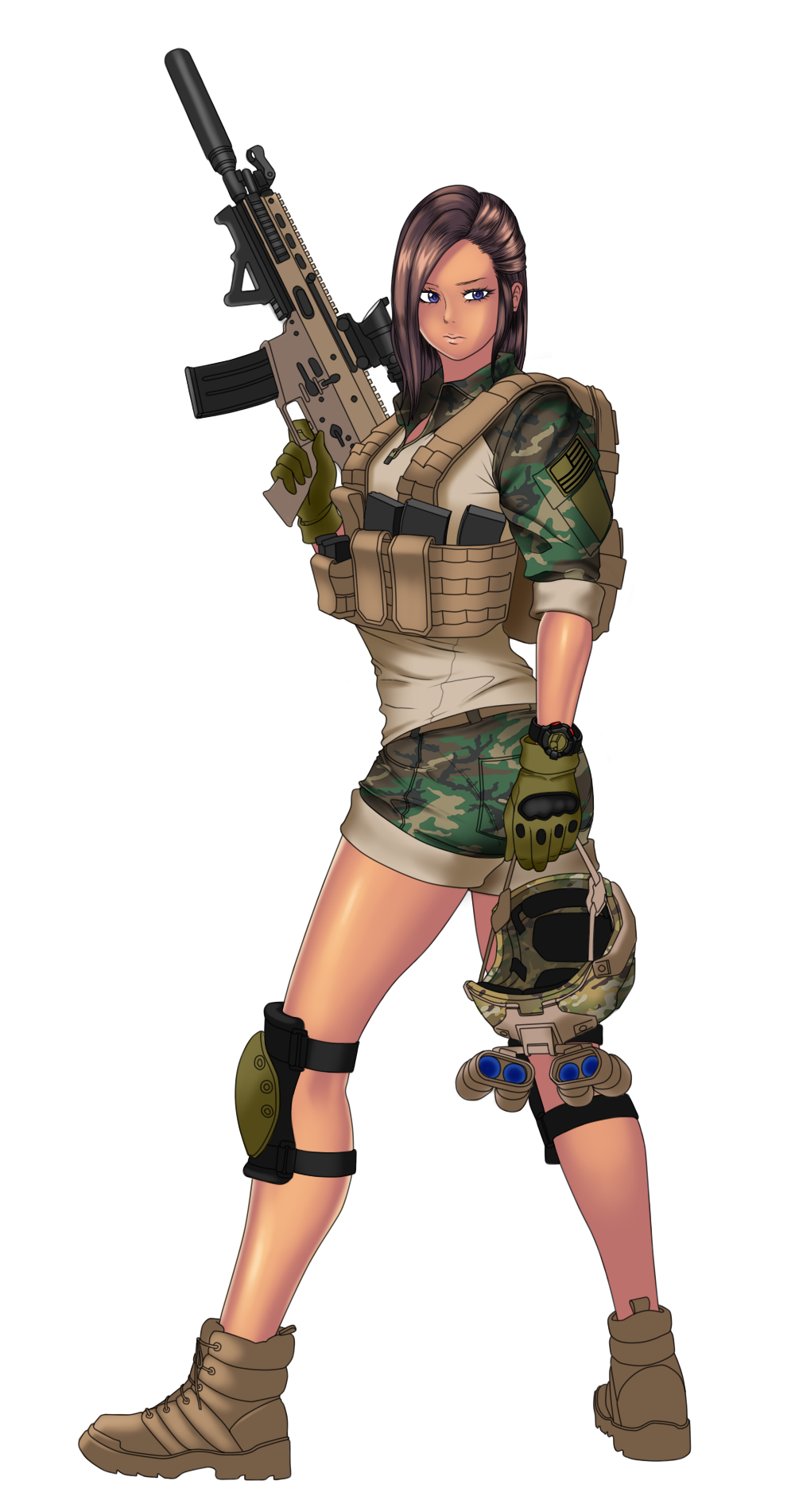 assault_rifle bare_legs blue_hair boots breasts brown_eyes brown_footwear closed_mouth dark_skin eyelashes fn_scar full_body gloves gun highres large_breasts lips marine_corps military military_operator military_uniform mk001black original rifle self_upload short_shorts shorts solo standing transparent_background uniform watch weapon woodland_pattern wristwatch