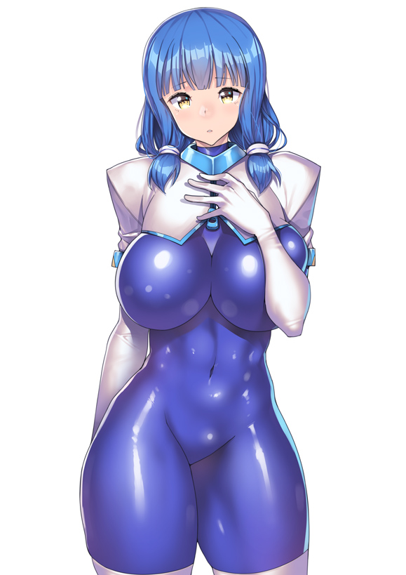 bangs blue_bodysuit blue_hair blunt_bangs bodysuit breasts commentary_request contrapposto covered_navel cowboy_shot elbow_gloves eyebrows_visible_through_hair gloves groin hair_tie hand_on_own_chest hand_up huge_breasts impossible_bodysuit impossible_clothes latex long_hair looking_at_viewer nagase_haruhito original parted_lips shiny shiny_clothes shiny_hair short_sleeves shrug_(clothing) sidelocks simple_background skin_tight solo standing thick_thighs thighhighs thighs white_background white_gloves white_legwear yellow_eyes zipper zipper_pull_tab