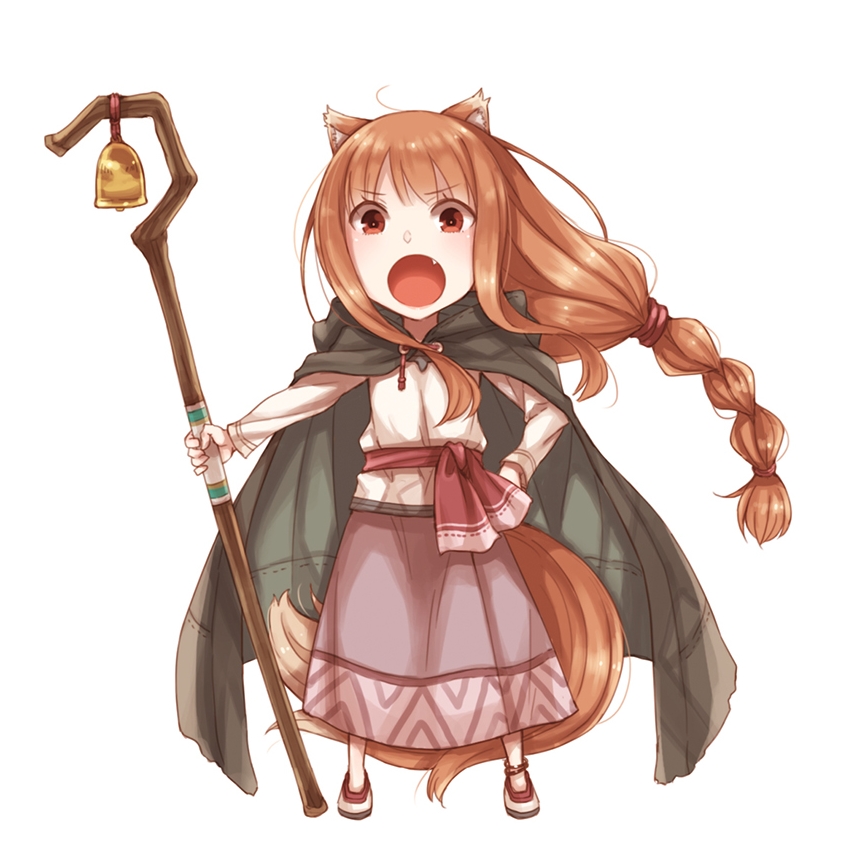 animal_ears ayakura_juu bell braid brown_cape brown_hair chibi eyebrows_visible_through_hair fang full_body hand_on_hip holding holding_staff holo long_hair long_skirt looking_at_viewer low-tied_long_hair non-web_source novel_illustration official_art open_mouth ponytail purple_skirt red_eyes shepherd shirt simple_background single_braid skirt solo spice_and_wolf staff standing tail very_long_hair white_background white_shirt wolf_ears wolf_tail