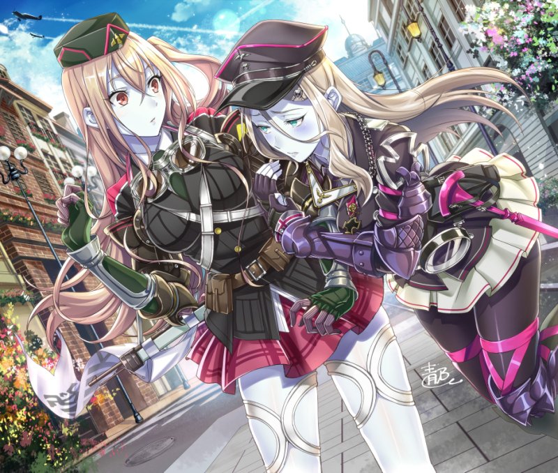 black_legwear blonde_hair blue_eyes breast_pocket breasts brown_eyes dolce_venchi formation_girls gloves goggles goggles_around_neck green_gloves hair_between_eyes hat large_breasts long_hair looking_at_another military military_hat military_uniform multiple_girls official_art one_side_up outdoors pale_skin pantyhose paula_jurgen peaked_cap pink_skirt plaid plaid_skirt pocket shimo_(s_kaminaka) signature skirt uniform white_legwear white_skirt yuri