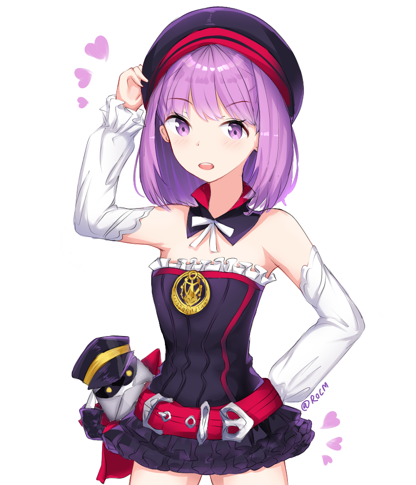 arm_up bangs bare_shoulders belt belt_buckle beret black_collar black_dress black_hat blush buckle colonel_olcott_(fate/grand_order) detached_collar detached_sleeves dress eyebrows_visible_through_hair fate/grand_order fate_(series) hand_on_headwear hand_on_hip hat heart helena_blavatsky_(fate/grand_order) long_sleeves looking_at_viewer open_mouth peaked_cap puffy_long_sleeves puffy_sleeves purple_eyes purple_hair red_belt rocm_(nkkf3785) salute simple_background solo strapless strapless_dress tree_of_life twitter_username upper_teeth white_background white_sleeves