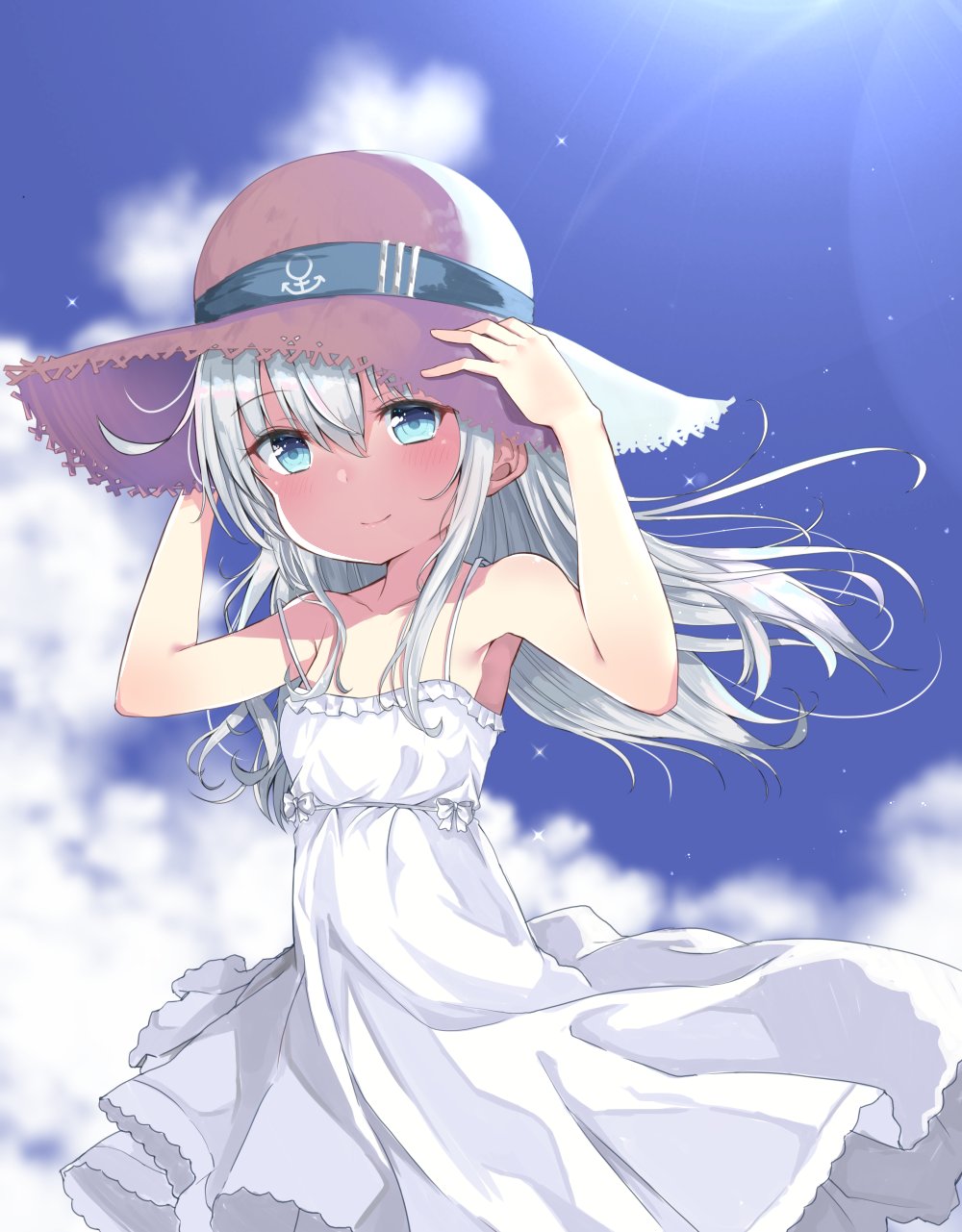 alternate_costume anchor_symbol armpits arms_up bangs bare_arms bare_shoulders blue_eyes blue_sky blurry blurry_background blush closed_mouth cloud cloudy_sky collarbone day depth_of_field dress eyebrows_visible_through_hair floating_hair hair_between_eyes hands_on_headwear hat hibiki_(kantai_collection) highres kantai_collection long_hair looking_at_viewer noeru_(gt17854) outdoors silver_hair sky sleeveless sleeveless_dress smile solo straw_hat sundress very_long_hair white_dress