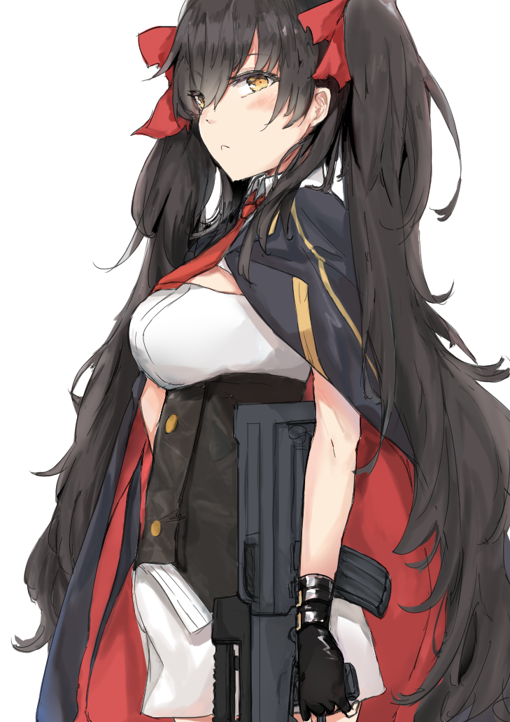 assault_rifle bangs black_hair blush breasts brown_eyes bullpup cape closed_mouth commentary_request double-breasted fingerless_gloves from_side girls_frontline gloves gun hair_between_eyes hair_ribbon holding holding_gun holding_weapon large_breasts long_hair looking_at_viewer mudiv necktie pleated_skirt qbz-95 qbz-97_(girls_frontline) red_ribbon ribbon rifle shirt sidelocks simple_background skirt solo twintails underbust very_long_hair weapon white_background white_shirt
