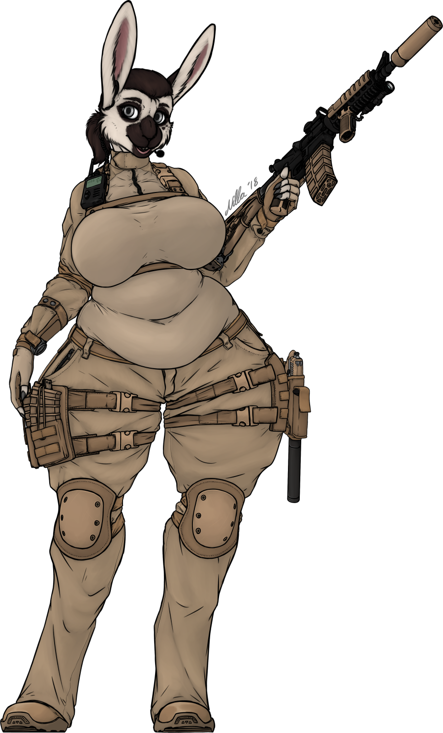 2018 5_fingers anthro belly big_breasts biped breasts brown_fur camo clothed clothing digital_drawing_(artwork) digital_media_(artwork) digitigrade female fur gun hair holding_object holding_weapon humanoid lagomorph long_ears mammal multicolored_fur navel nilla_(artist) open_mouth overweight overweight_female pants rabbit ranged_weapon shirt smile solo standing tan_fur thick_thighs two_tone_fur vanilla_(character) voluptuous weapon wide_hips