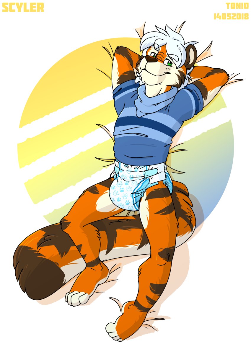 anthro bandanna diaper feet feline lying male mammal smile solo tiger tonio_(artist) watermark