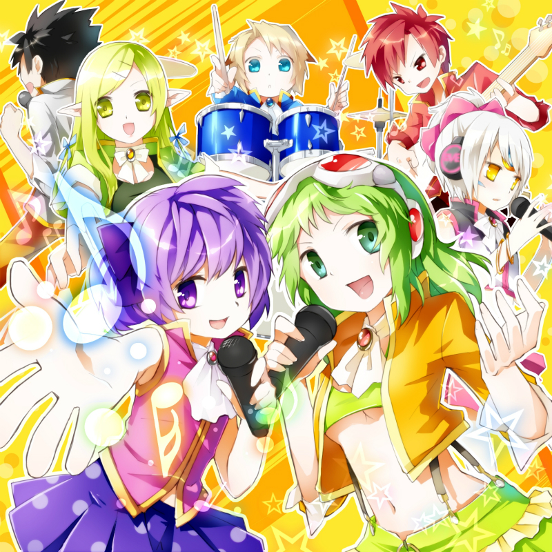 ara_han black_hair chung_seiker commentary_request crossover drum drumsticks elf elsword elsword_(character) eve_(elsword) facial_mark forehead_jewel goggles goggles_on_head green_eyes green_hair gumi idol instrument malmaron musical_note pointy_ears purple_eyes purple_hair raven_(elsword) red_hair rena_(elsword) silver_hair star vocaloid