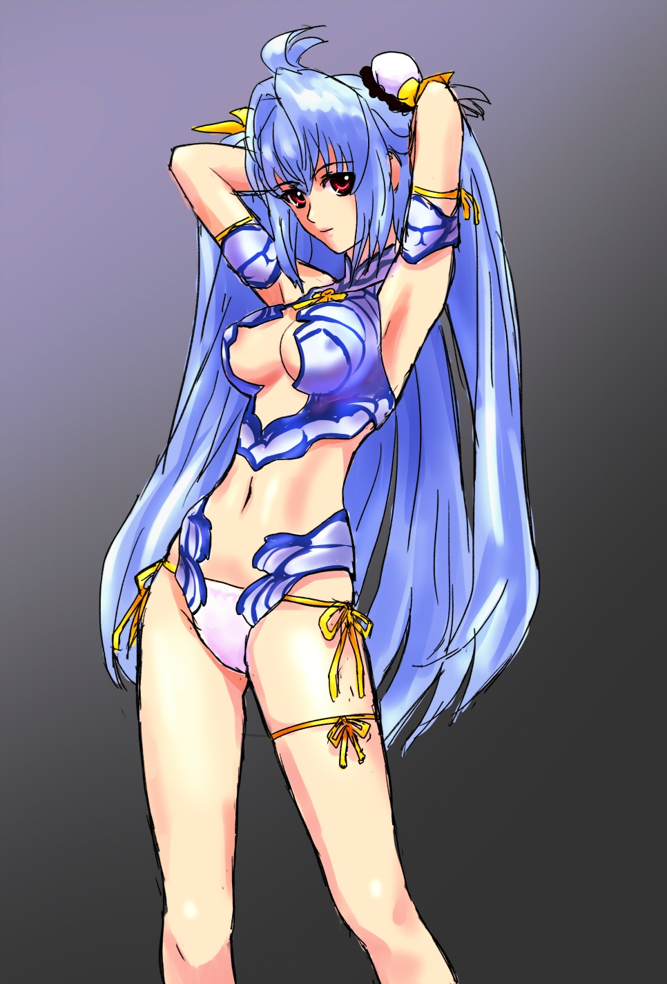 4423 alternate_costume android blue_hair breasts closed_mouth commentary cyborg highres kos-mos long_hair red_eyes solo swimsuit xenosaga