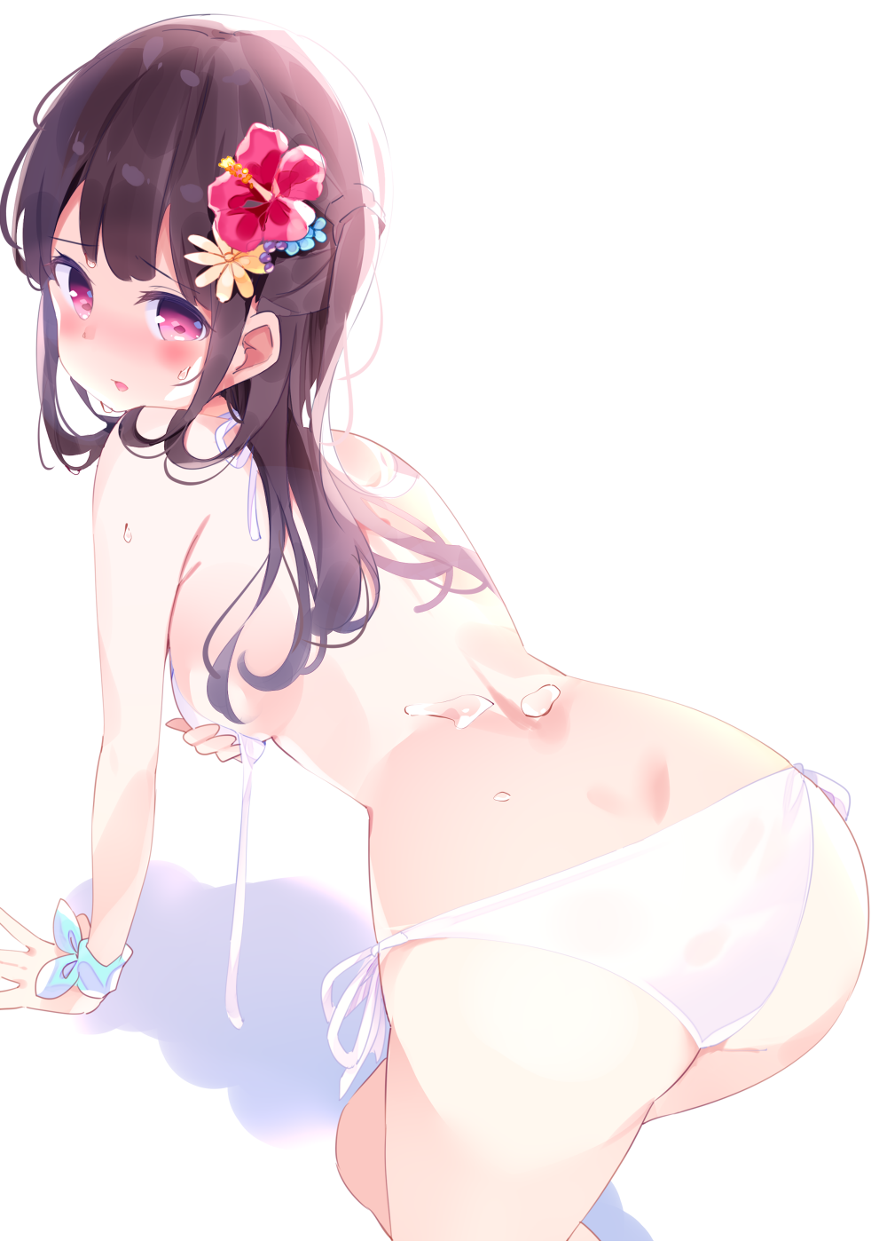 all_fours arm_support ass bangs bare_shoulders bikini blush breasts brown_hair chikuwa. commentary_request eyebrows_visible_through_hair flower hair_flower hair_ornament highres long_hair looking_at_viewer looking_back medium_breasts original parted_lips red-framed_eyewear red_eyes shadow side-tie_bikini solo swimsuit water_drop white_background white_bikini yellow_flower