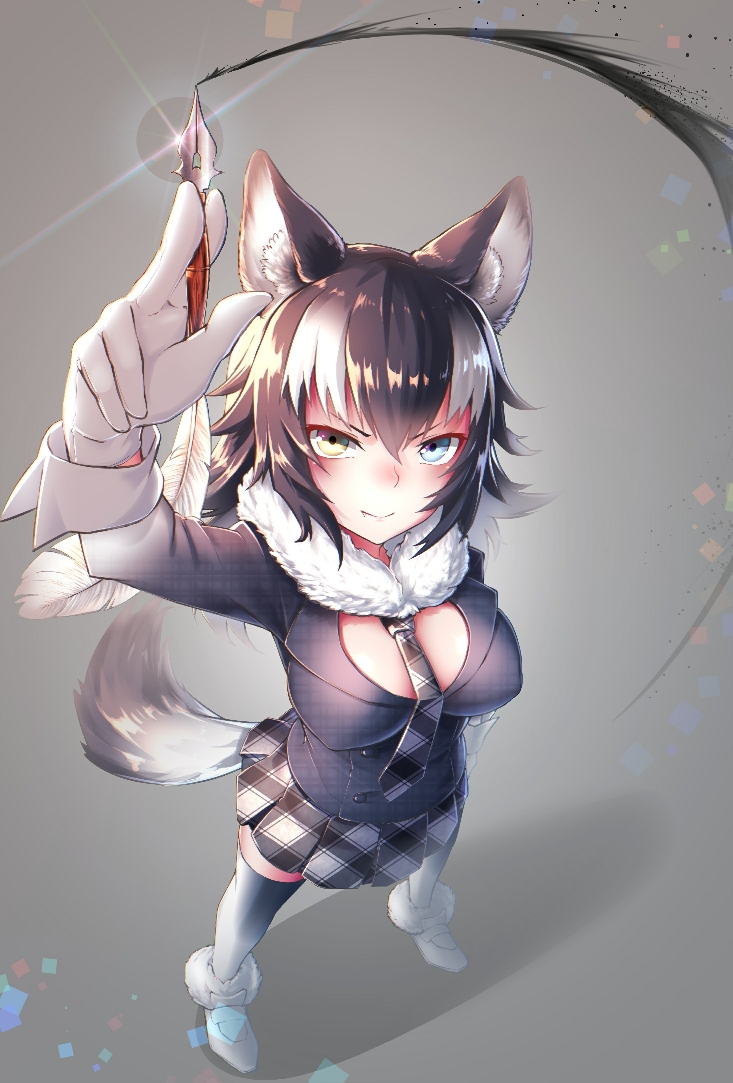 &gt;:) animal_ears arm_at_side arm_up bangs between_breasts black_hair blazer blue_eyes breasts closed_mouth commentary fang fang_out foreshortening from_above full_body fur-trimmed_footwear fur_collar gloves grey_wolf_(kemono_friends) hair_between_eyes heterochromia holding holding_pen impossible_clothes impossible_jacket ink jacket kemono_friends lens_flare long_hair long_sleeves looking_at_viewer looking_up medium_breasts multicolored_hair necktie necktie_between_breasts pen plaid plaid_neckwear plaid_skirt shiny shiny_hair sidelocks skirt smile solo st.takuma standing tail thighhighs tsurime two-tone_hair v-shaped_eyebrows white_gloves white_hair wolf_ears wolf_girl wolf_tail yellow_eyes zettai_ryouiki