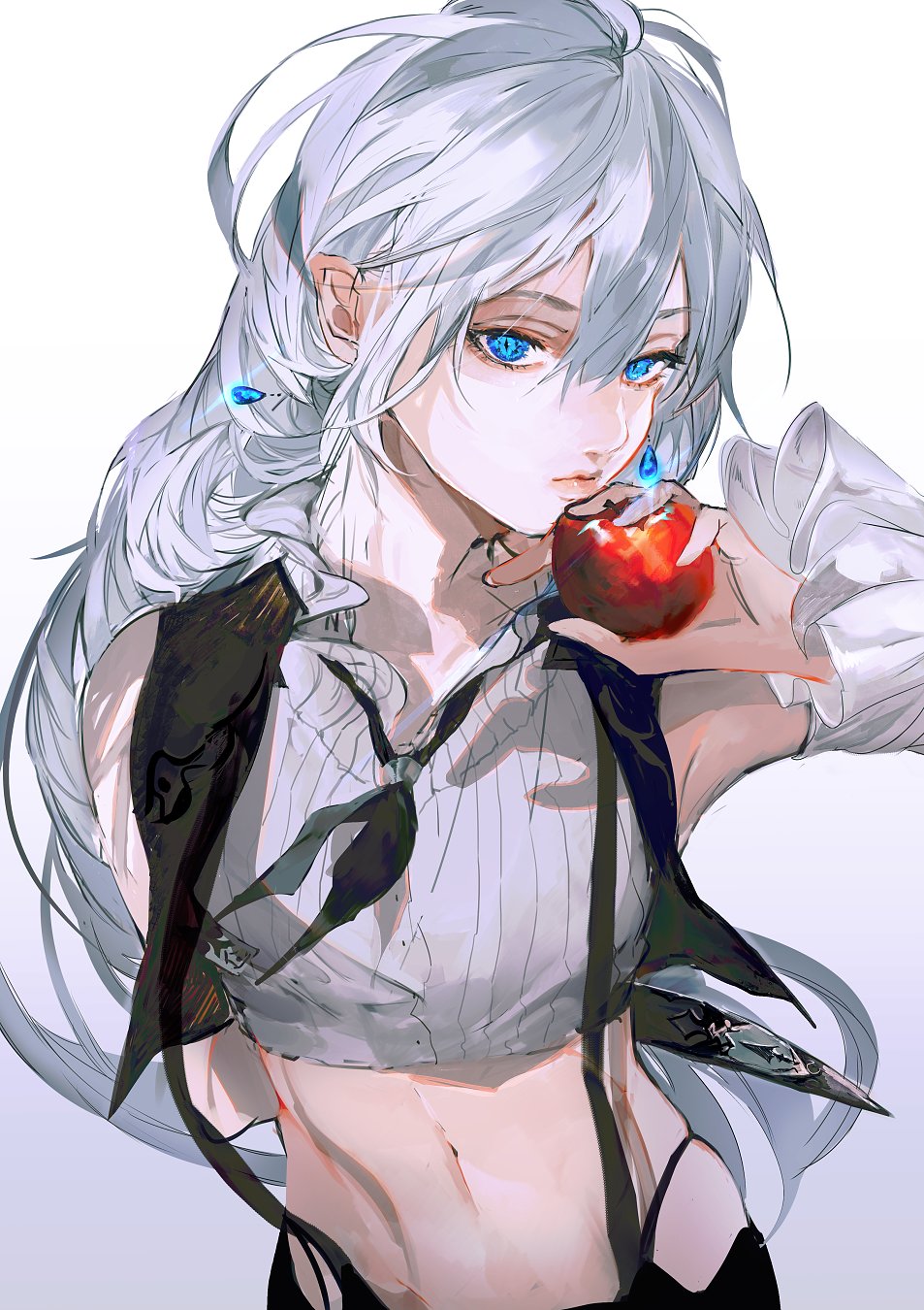 apple bangs bare_shoulders blue_eyes chikage_(chi_g0) closed_mouth collarbone collared_shirt commentary cowboy_shot crop_top dagger detached_sleeves earrings eva_glynberg eyebrows_visible_through_hair food fruit gradient gradient_background grey_background grey_hair hair_between_eyes highleg highleg_panties highres holding holding_food holding_weapon jewelry long_hair long_sleeves navel necktie open_collar panties shirt siezer's_specimen skirt solo standing suspender_skirt suspenders underwear vest weapon white_background