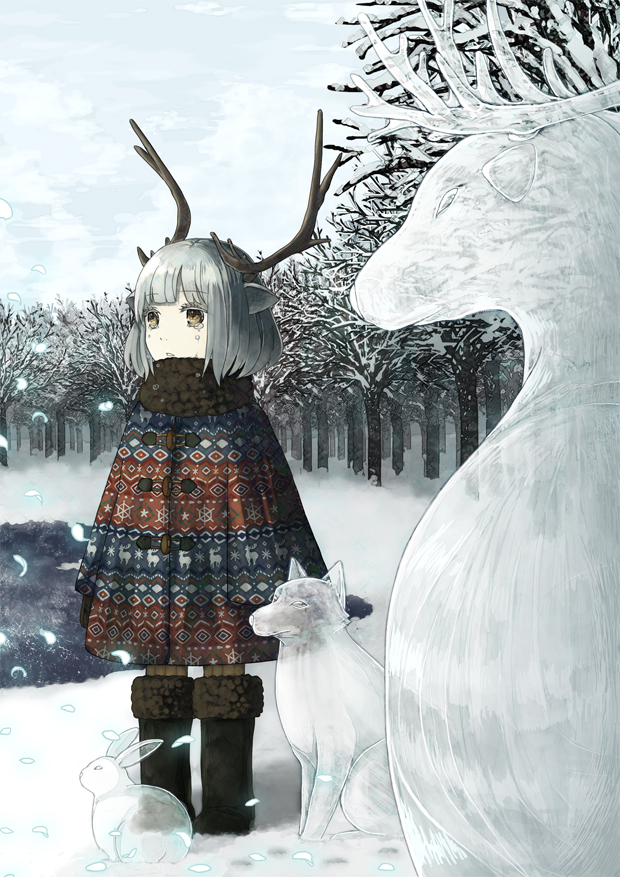 act_(a-c-t) animal_ears antlers bad_id bad_pixiv_id bangs bare_tree blunt_bangs bob_cut boots brown_footwear child cloud cloudy_sky colored_eyelashes commentary_request day eyebrows_visible_through_hair fur-trimmed_boots fur_trim grey_hair knee_boots long_sleeves looking_afar nature original outdoors reindeer_antlers reindeer_ears short_hair sky snow snow_boots snowman solo tears tree winter winter_clothes