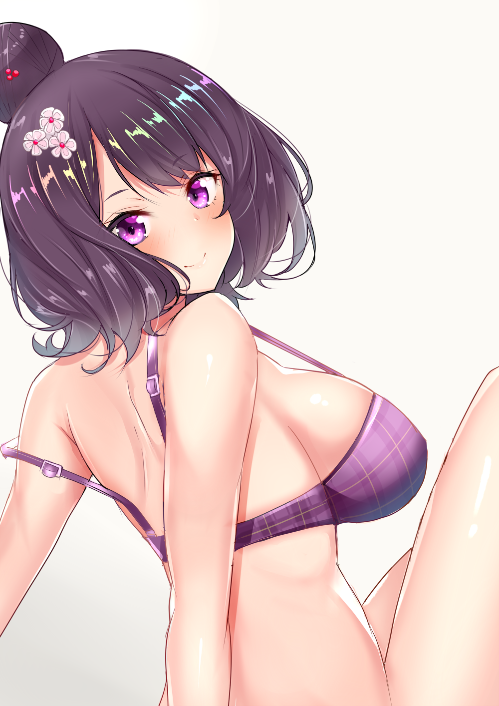 back bangs bare_shoulders blush bra breasts closed_mouth commentary_request fate/grand_order fate_(series) flower hair_bun hair_flower hair_ornament hairpin highres katsushika_hokusai_(fate/grand_order) knees_up large_breasts looking_at_viewer looking_to_the_side plaid plaid_bra purple_bra purple_eyes purple_hair sankakusui shiny shiny_skin sideboob simple_background sitting smile solo strap_slip swept_bangs thighs underwear white_background