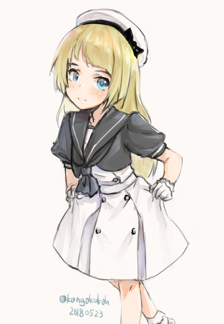 blonde_hair blue_eyes blue_sailor_collar dated dress feet_out_of_frame gloves hand_on_hip hat jervis_(kantai_collection) kangoku_kou kantai_collection long_hair looking_at_viewer sailor_collar sailor_dress sailor_hat short_sleeves simple_background solo twitter_username white_background white_dress white_gloves white_hat