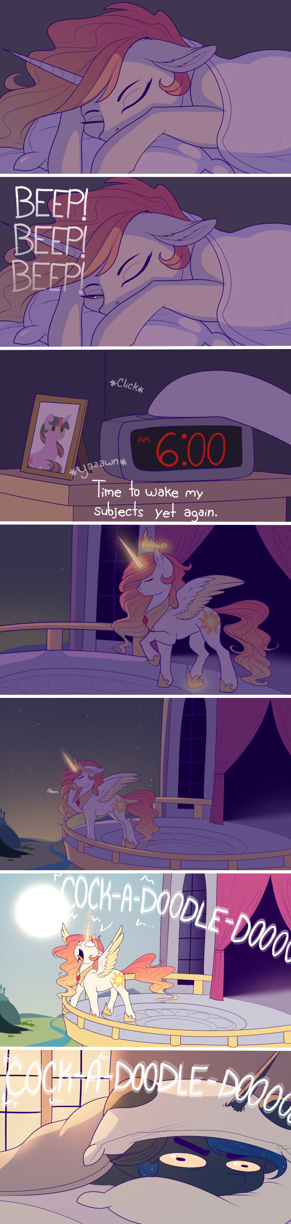 2018 absurd_res alarm_clock bed clock comic cutie_mark dialogue digital_media_(artwork) english_text equine evehly feathered_wings feathers female feral friendship_is_magic glowing hair hi_res horn long_hair magic mammal my_little_pony onomatopoeia open_mouth photo pillow princess_celestia_(mlp) princess_luna_(mlp) sleeping sound_effects sun text twilight_sparkle_(mlp) waking_up what wide_eyed winged_unicorn wings yawn