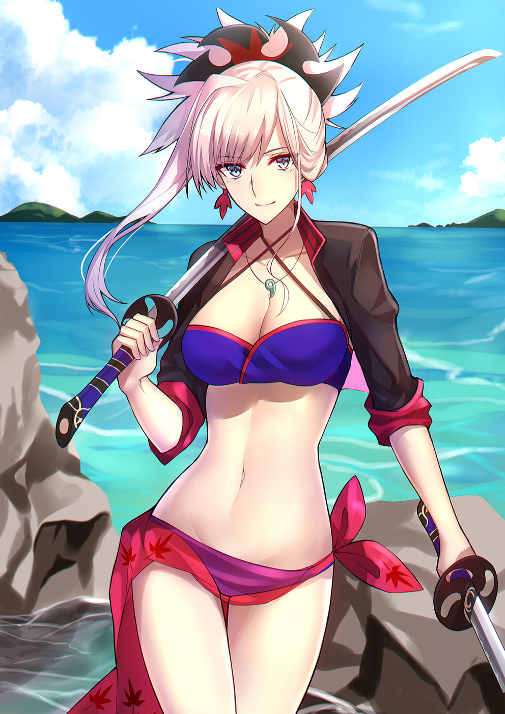 adapted_costume asymmetrical_bangs bangs bikini black_jacket blue_bikini blue_eyes blue_sky breasts cleavage commentary cowboy_shot criss-cross_halter cropped_jacket day dual_wielding earrings english_commentary eyebrows_visible_through_hair fate/grand_order fate_(series) halterneck highres hips holding horizon jacket jewelry katana leaf_print looking_at_viewer magatama_necklace medium_breasts miyamoto_musashi_(fate/grand_order) navel open_clothes open_jacket outdoors over_shoulder pink_hair sarong see-through shiguru short_ponytail single_sidelock sky smile solo swimsuit sword thigh_gap thighs weapon weapon_over_shoulder