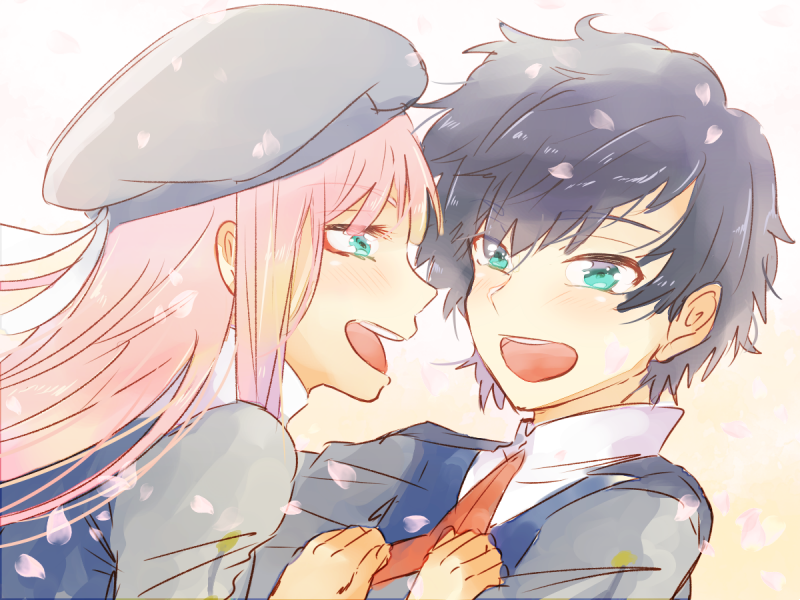 1girl bangs black_hair blue_eyes commentary_request couple darling_in_the_franxx eyebrows_visible_through_hair green_eyes grey_hat hands_on_another's_chest hat hetero hiro_(darling_in_the_franxx) long_hair long_sleeves looking_at_another military military_uniform necktie open_mouth peaked_cap petals pink_hair red_neckwear temaroppu_(ppp_10cc) uniform zero_two_(darling_in_the_franxx)