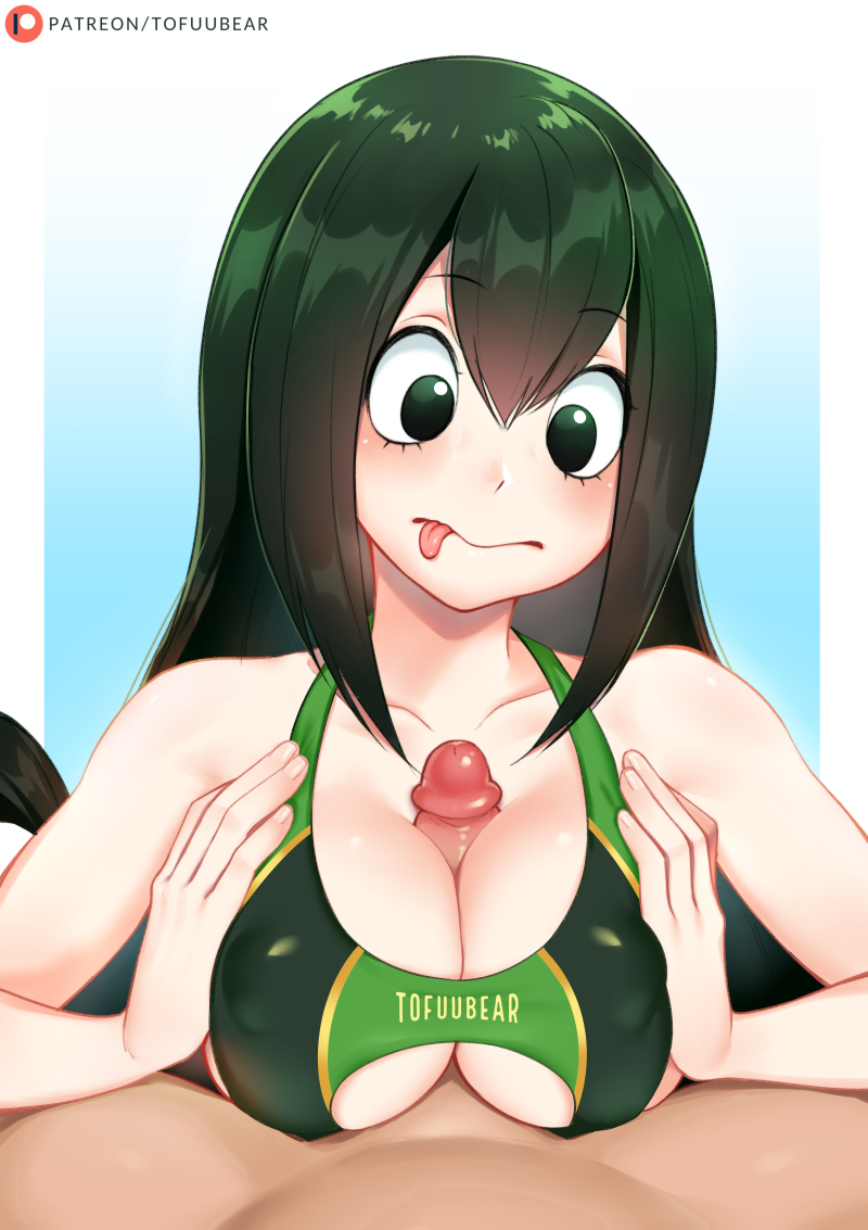 1girl :p asui_tsuyu bare_shoulders boku_no_hero_academia breast_squeeze breasts center_opening clothed_female_nude_male collarbone covered_nipples erection eyelashes green_eyes green_hair green_swimsuit hair_between_eyes hetero large_breasts long_hair lying nude on_back one-piece_swimsuit paizuri patreon_username penis swimsuit tofuubear tongue tongue_out uncensored underboob very_long_hair