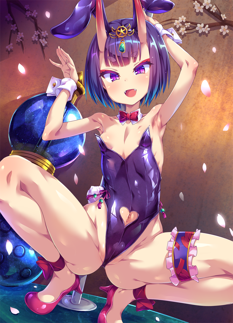 :d animal_ears arms_up bangs bow bowtie breasts bunny_ears bunny_girl bunnysuit detached_collar eyebrows_visible_through_hair fangs fate/grand_order fate_(series) flower gourd groin hair_ornament high_heels highleg highleg_leotard horns leg_garter leotard navel navel_cutout oni oni_horns open_mouth petals pink_flower pink_footwear purple_eyes purple_hair purple_leotard red_neckwear shoes shuten_douji_(fate/grand_order) small_breasts smile solo spread_legs thick_eyebrows toraishi_666 tree_branch white_collar wrist_cuffs