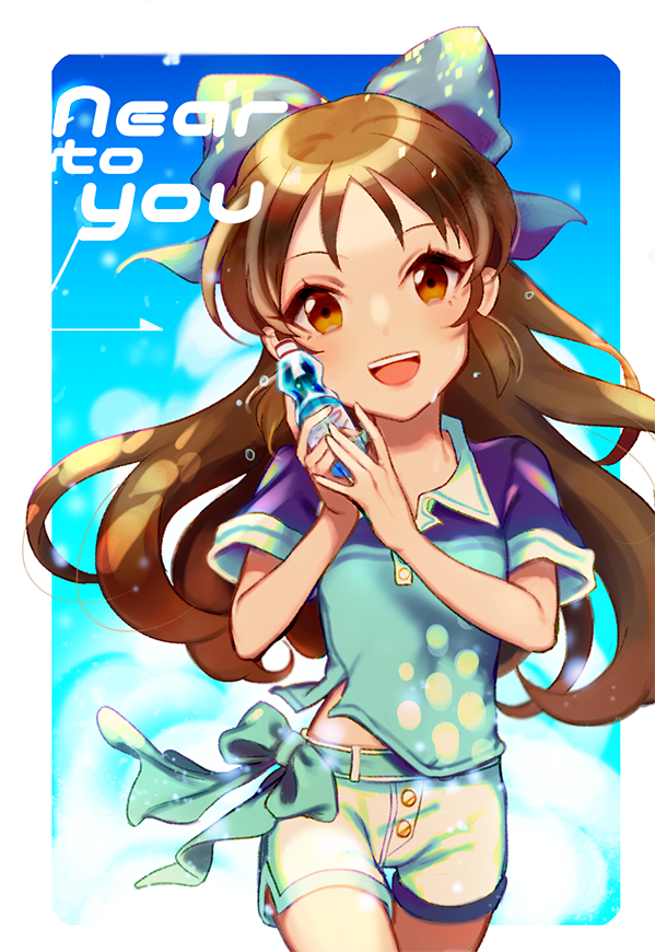 :d bad_id bad_pixiv_id bangs belt blue_belt blue_bow blue_shirt border bottle bow breasts brown_eyes brown_hair buttons cheong_ha collared_shirt commentary cowboy_shot hair_bow half_updo hands_up head_tilt holding idolmaster idolmaster_cinderella_girls large_bow long_hair looking_at_viewer open_mouth outside_border polo_shirt purple_bow rounded_corners shiny shiny_hair shirt short_shorts short_sleeves shorts side_slit sleeve_cuffs small_breasts smile solo song_name sweat tachibana_arisu thigh_gap walking water_bottle wavy_hair white_border white_shorts wing_collar