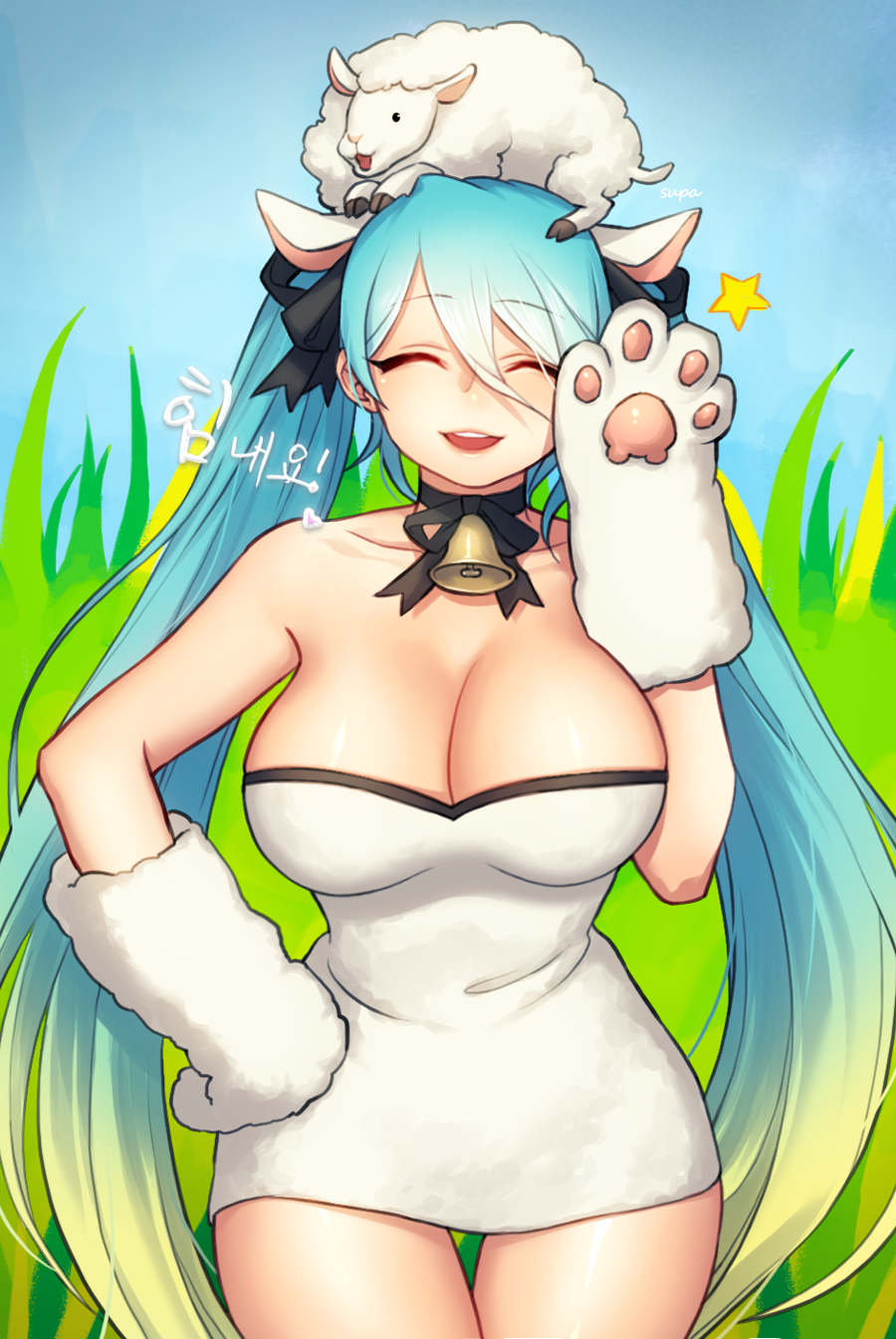 ^_^ alternate_costume animal animal_costume animal_ears animal_on_head aqua_hair bare_shoulders bell bell_choker bell_collar blush breasts choker cleavage closed_eyes collar collarbone commentary dress eyebrows_visible_through_hair facing_viewer gloves gradient_hair highres hsn4444 korean large_breasts league_of_legends lips long_hair multicolored_hair off-shoulder_dress off_shoulder on_head open_mouth paw_gloves paws sheep_costume sheep_ears shiny shiny_skin short_dress solo sona_buvelle standing thigh_gap thighs twintails very_long_hair white_dress yellow_eyes