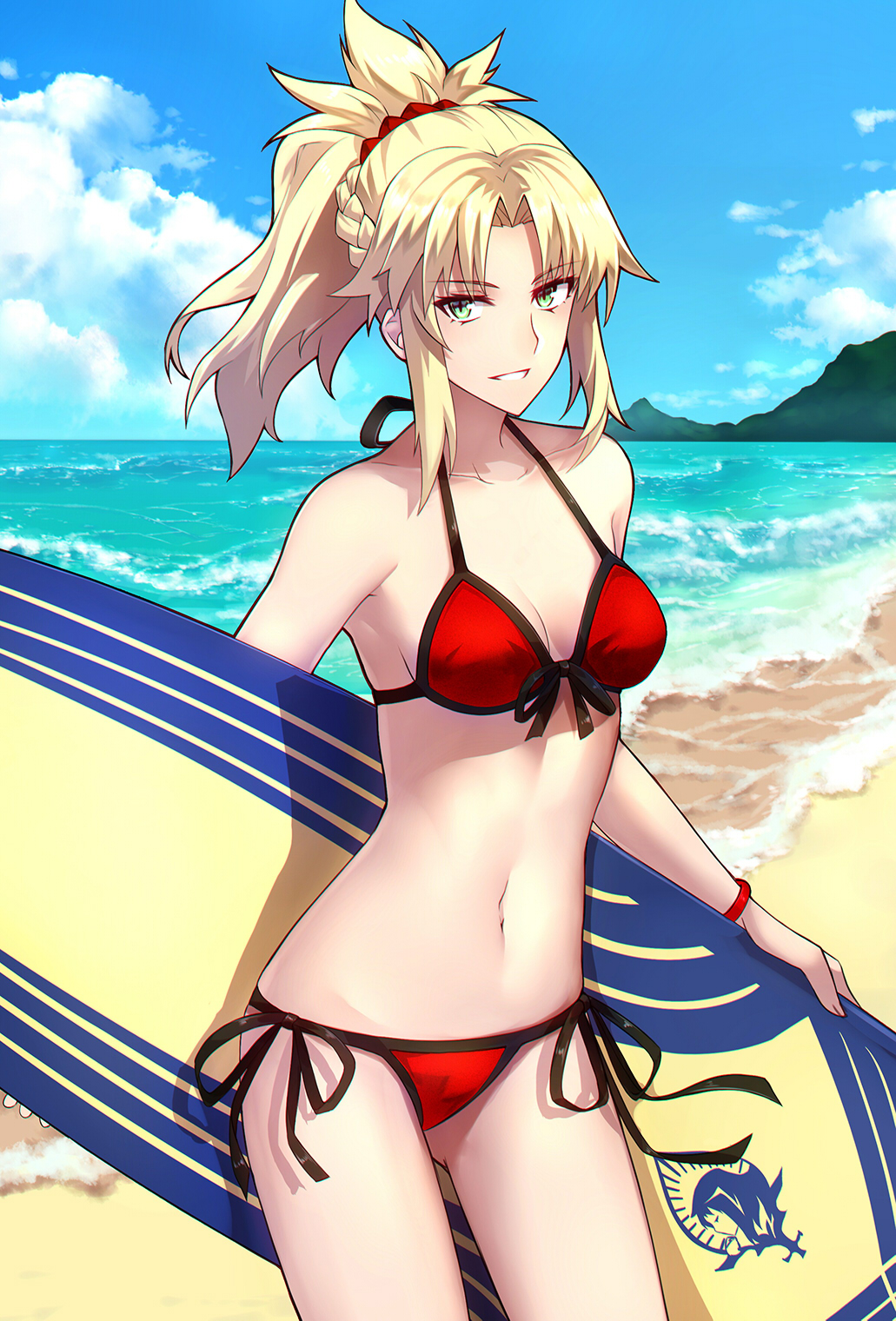 bangs bare_shoulders beach bikini blonde_hair blue_sky bracelet braid breasts cleavage collarbone commentary day english_commentary fate/grand_order fate_(series) french_braid green_eyes grin hair_ornament hair_scrunchie highres hips horizon jewelry long_hair looking_at_viewer medium_breasts mordred_(fate)_(all) mordred_(swimsuit_rider)_(fate) navel ocean parted_bangs ponytail prydwen red_bikini red_scrunchie scrunchie shiguru side-tie_bikini sidelocks sky smile solo surfboard swimsuit thighs