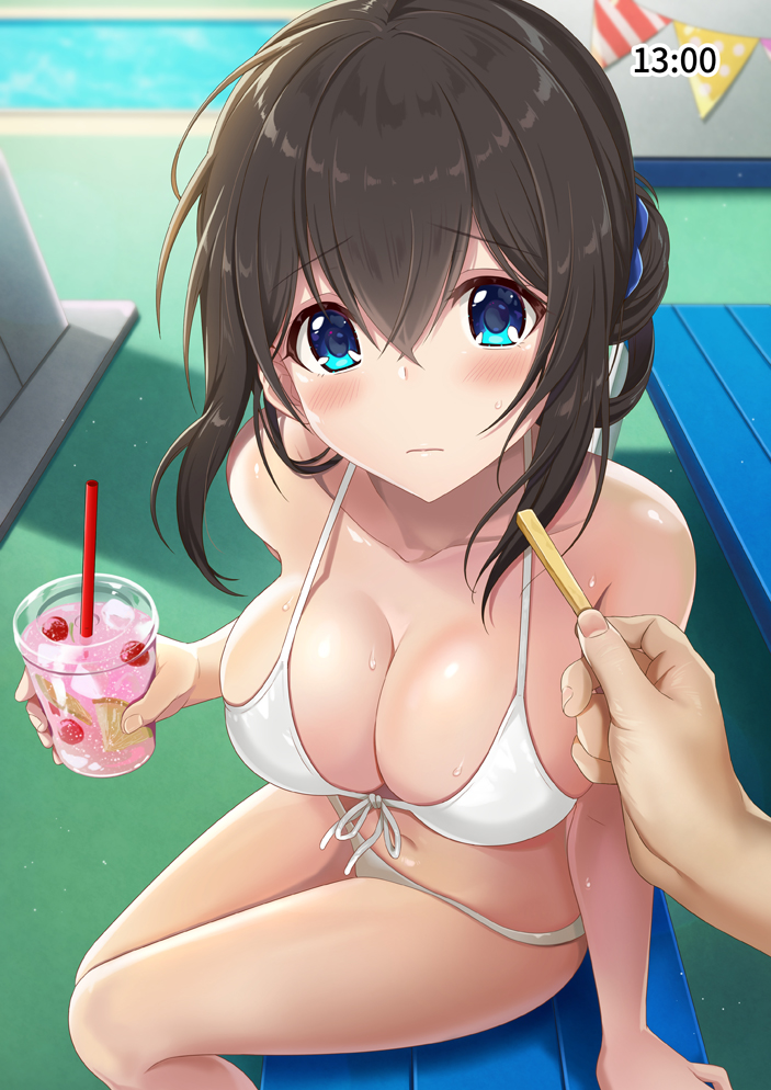 azuki_yui bangs bare_shoulders bikini black_hair blue_eyes blush breasts cleavage closed_mouth collarbone commentary cup drink eyebrows_visible_through_hair feeding food french_fries hair_between_eyes hips idolmaster idolmaster_cinderella_girls large_breasts long_hair looking_at_viewer navel out_of_frame pool pov pov_feeding pov_hands sagisawa_fumika scrunchie sitting solo_focus swimsuit thighs tied_hair white_bikini