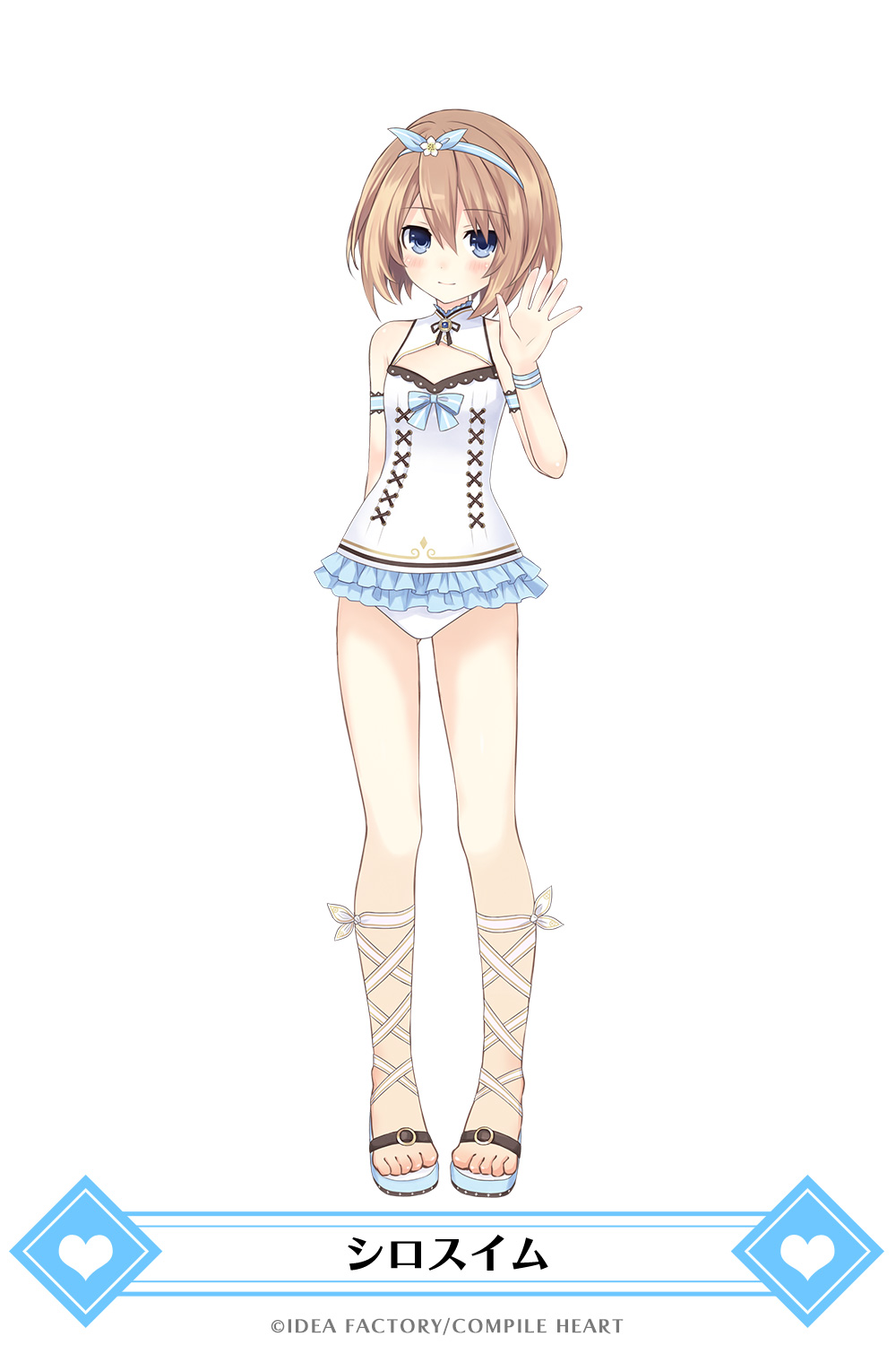 arm_behind_back bare_shoulders blanc blue_eyes blue_hairband blue_skirt breasts brown_hair cleavage_cutout company_name flower full_body hair_between_eyes hair_flower hair_ornament hairband hand_up highres looking_at_viewer mainichi_compile_heart neptune_(series) official_art one-piece_swimsuit sandals short_hair simple_background skirt small_breasts smile solo swimsuit swimsuit_skirt translated tsunako waving white_background white_swimsuit wristband