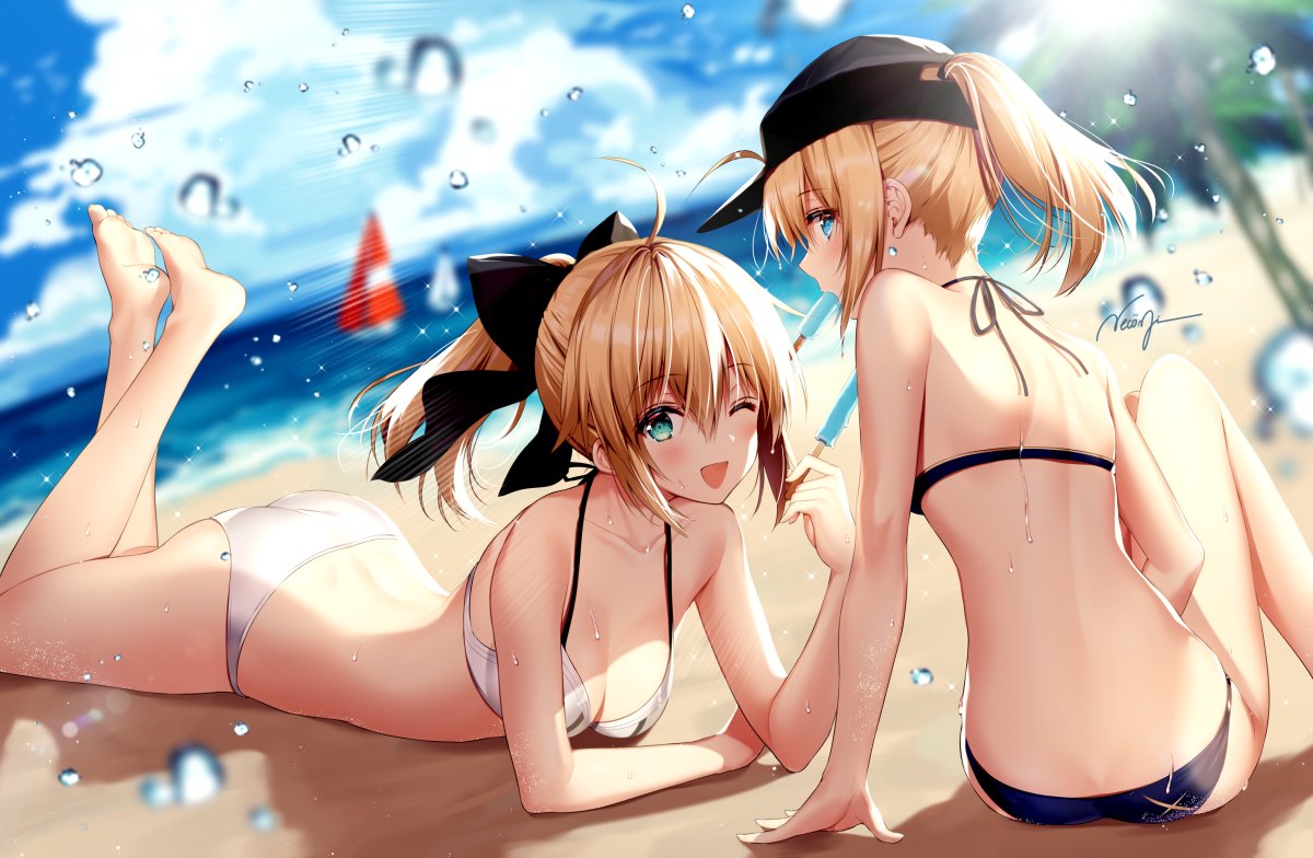 ;d ahoge aqua_eyes artoria_pendragon_(all) ass bangs barefoot beach bikini black_bikini black_bow blonde_hair blue_eyes blurry blurry_background blush bow breasts cleavage cloud cloudy_sky collarbone commentary_request day eyebrows_visible_through_hair fate/grand_order fate/unlimited_codes fate_(series) food hair_between_eyes hair_bow happy holding horizon ice_cream long_hair looking_at_viewer lying multiple_girls mysterious_heroine_x necomi ocean on_stomach one_eye_closed open_mouth outdoors palm_tree ponytail profile saber_lily sand sky smile splashing swimsuit tree wet white_bikini