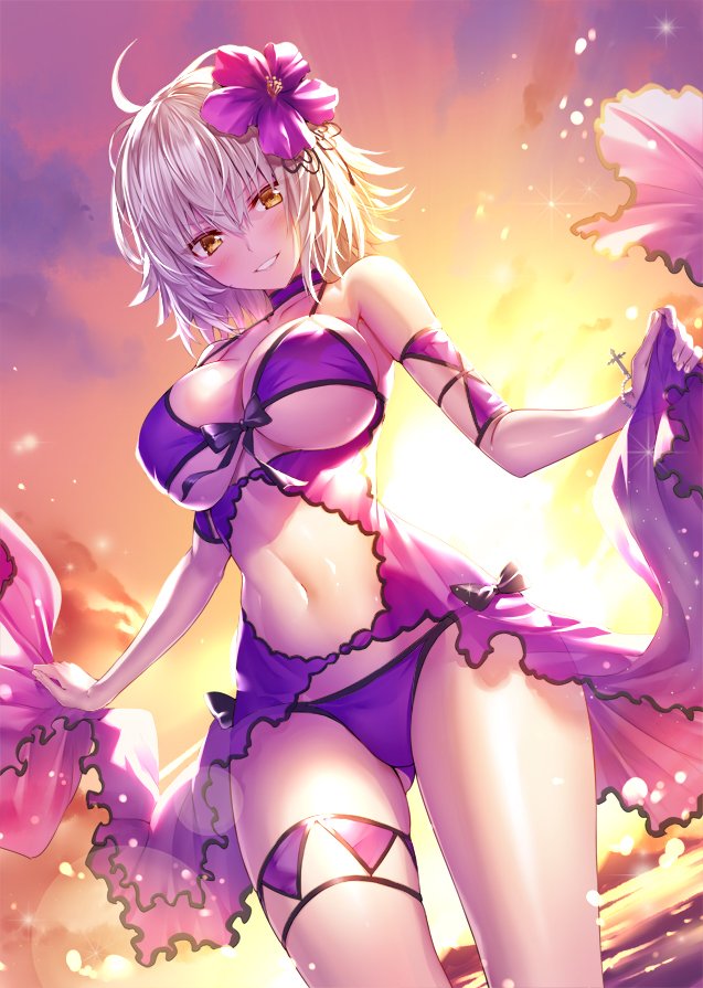 armband bikini blush breasts choker cleavage collarbone commentary cowboy_shot fate/grand_order fate_(series) flower front-tie_bikini front-tie_top grin hair_between_eyes hair_flower hair_ornament halterneck heirou hips jeanne_d'arc_(alter)_(fate) jeanne_d'arc_(fate)_(all) large_breasts leg_garter looking_at_viewer navel navel_cutout outdoors purple_bikini short_hair silver_hair smile solo string_bikini sunset swimsuit thigh_strap thighs v-shaped_eyebrows white_hair yellow_eyes