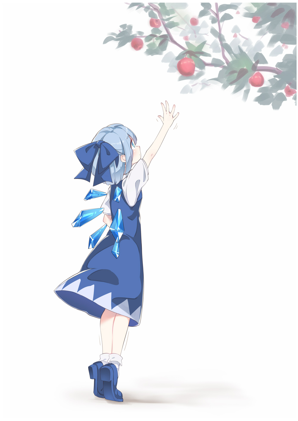 apple arm_up asutora blue_bow blue_dress blue_eyes blue_footwear blue_hair blue_wings blush bow branch cirno commentary_request dress food fruit full_body hair_bow highres ice ice_wings leaf looking_up profile reaching_out shadow shoes short_hair short_sleeves simple_background socks solo standing tiptoes touhou white_background white_legwear wings