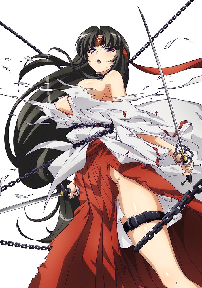 artist_request black_hair bound breasts chain commentary_request hakama headband japanese_clothes katana large_breasts long_hair low-tied_long_hair miko official_art open_mouth purple_eyes queen's_blade red_hakama ribbon-trimmed_sleeves ribbon_trim solo sword thigh_strap tomoe torn_clothes weapon