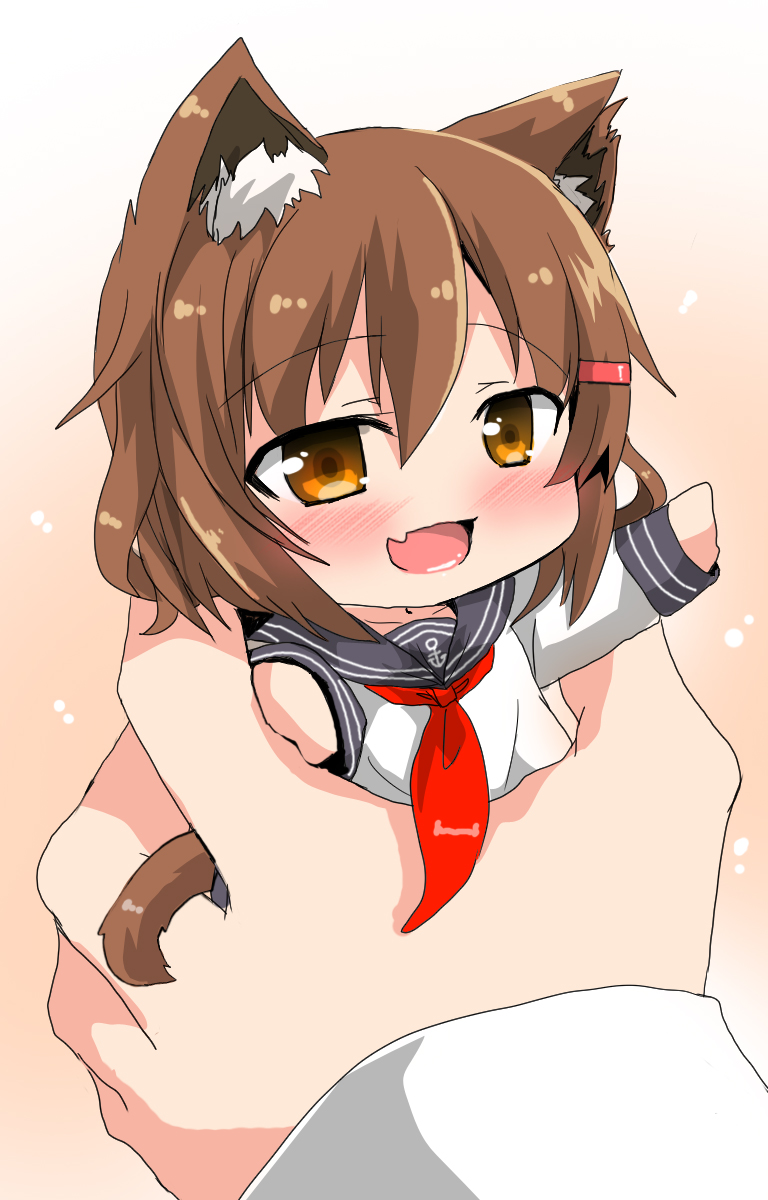 animal_ears blush brown_eyes brown_hair cat_ears cat_tail chibi commentary_request eyebrows_visible_through_hair fang gradient gradient_background hair_between_eyes hair_ornament hairclip highres ikazuchi_(kantai_collection) kantai_collection kemonomimi_mode looking_at_viewer medium_hair minigirl neckerchief open_mouth oshiruko_(uminekotei) out_of_frame pov pov_hands red_neckwear sailor_collar school_uniform serafuku solo_focus tail