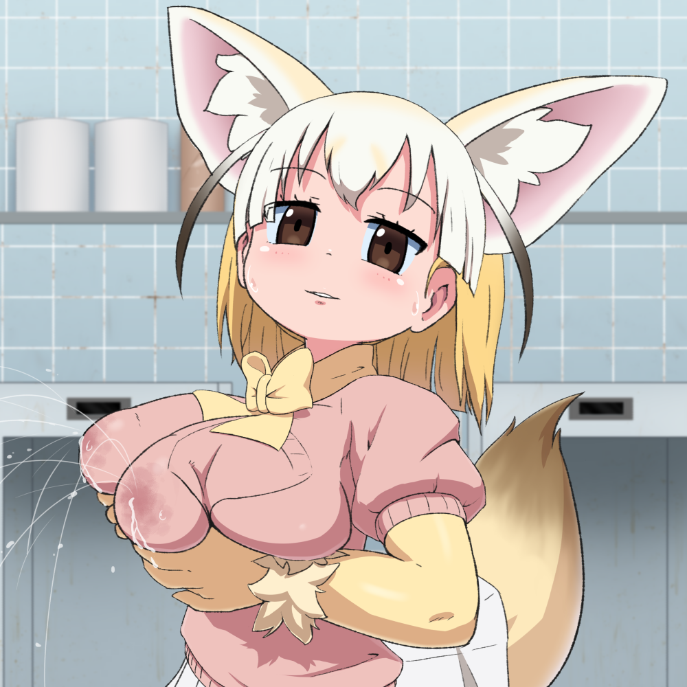 animal_ears blonde_hair blush breast_hold breasts brown_eyes fennec_(kemono_friends) fox_ears impossible_clothes impossible_sweater indoors kemono_friends lactation lactation_through_clothes large_breasts looking_at_viewer no_bra solo sweater tail toilet_paper urinal youjinbou_(yojinboy)