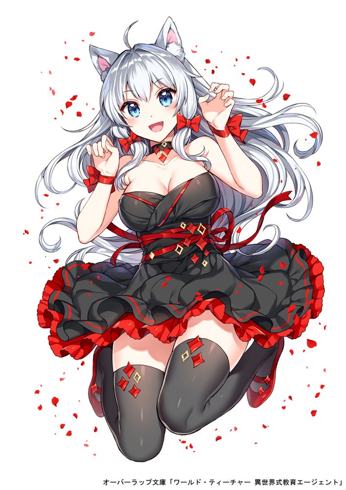 animal_ears bangs bare_shoulders black_dress black_legwear blue_eyes breasts cat_ears cleavage collar collarbone commentary_request dress emilia_(world_teacher) eyebrows_visible_through_hair fingernails full_body long_hair medium_breasts nardack official_art open_mouth paw_pose petals ribbon short_dress silver_hair simple_background smile solo strapless thighhighs white_background world_teacher_-isekaishiki_kyouiku_agent-