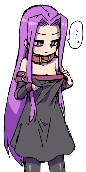 1girl :t bangs belt_buckle belt_collar black_dress black_legwear blush buckle closed_mouth cosplay detached_sleeves dress etori fate/grand_order fate/stay_night fate_(series) forehead long_hair long_sleeves looking_away looking_down medusa_(lancer)_(fate) oversized_clothes pantyhose parted_bangs pout purple_eyes purple_hair red_collar rider rider_(cosplay) simple_background solo spoken_ellipsis strapless strapless_dress very_long_hair white_background
