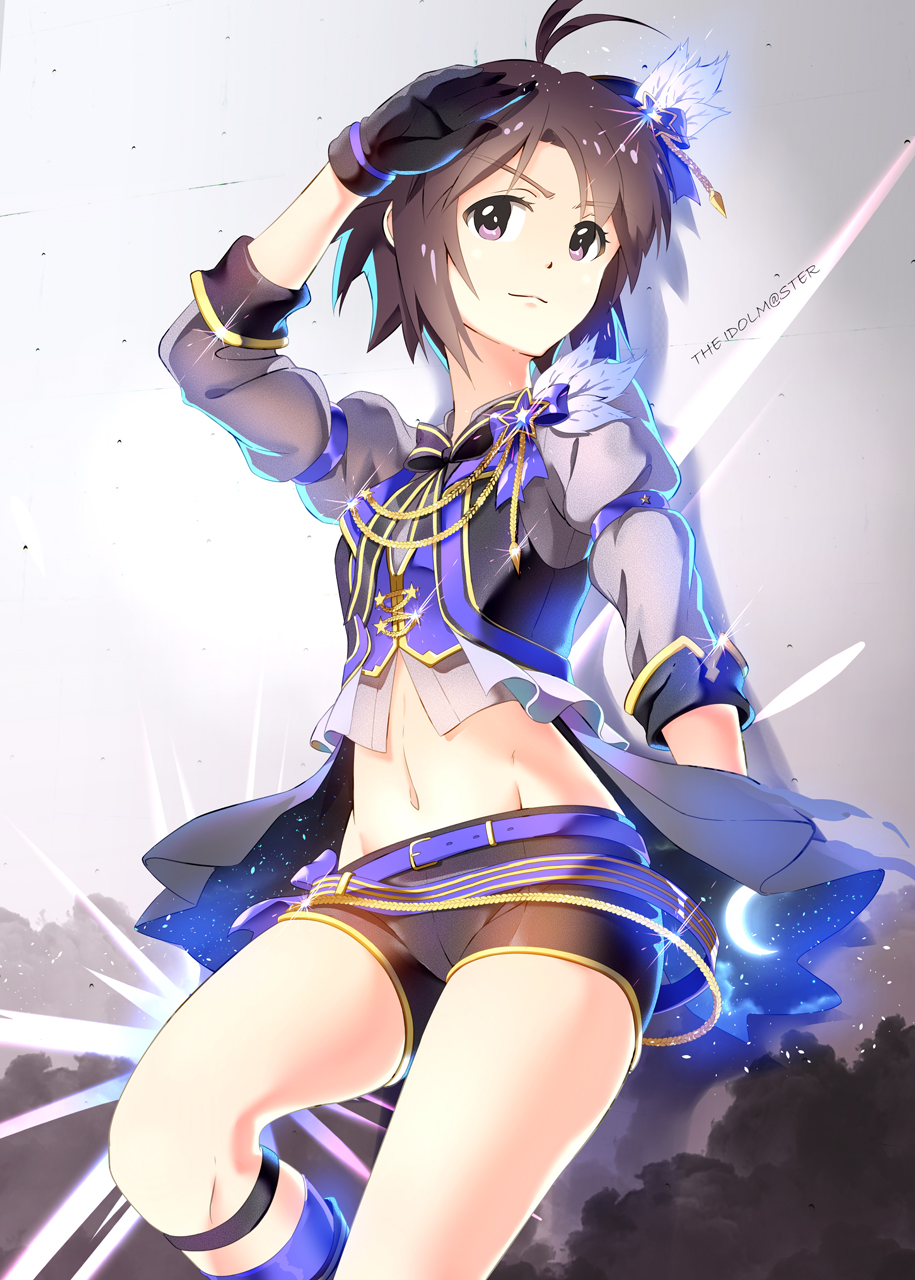 antenna_hair belt black_gloves black_hair black_shorts blue_ribbon copyright_name crop_top feathers from_below gloves gradient gradient_background grey_background groin hair_feathers hair_ribbon highres idolmaster idolmaster_(classic) idolmaster_million_live! idolmaster_million_live!_theater_days kikuchi_makoto midriff navel ns.x purple_eyes ribbon short_hair short_shorts shorts smile solo standing stomach white_feathers