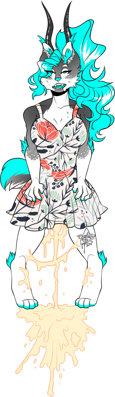 ahegao alpha_channel anthro breasts bulge cervine cholericat clothed clothing cum dress erection excessive_cum eye_roll feline female hybrid intersex looking_pleasured mammal morena(cholericat) open_mouth simple_background solo sweat transparent_background