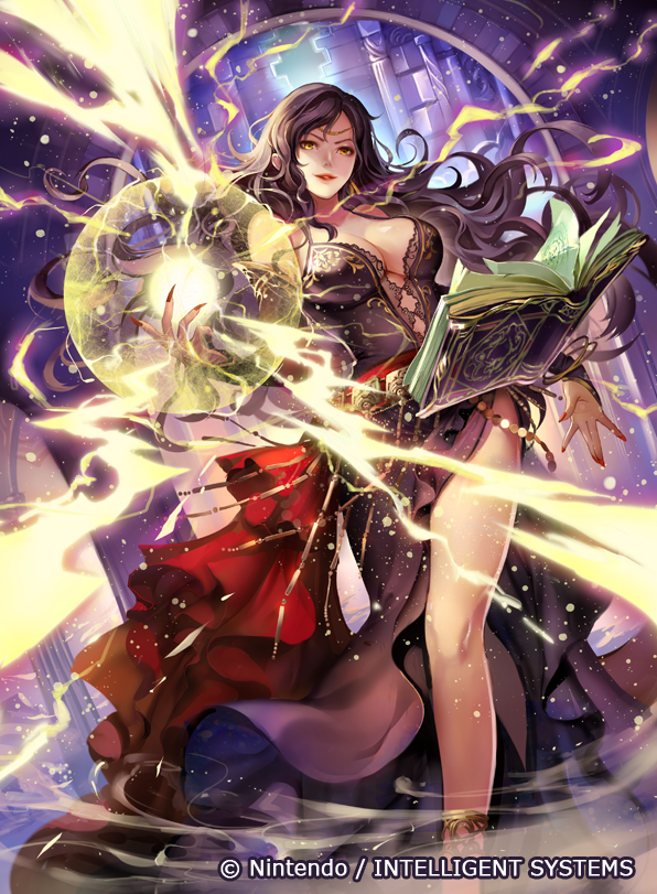 bare_shoulders black_dress black_hair book bracelet breasts bridal_gauntlets circlet cleavage commentary_request company_connection copyright_name dress evil_smile fingernails fire_emblem fire_emblem:_rekka_no_ken fire_emblem_cipher indoors jewelry konfuzikokon large_breasts lightning lipstick long_fingernails long_hair looking_at_viewer magic makeup nail_polish official_art open_book pale_skin parted_lips side_slit smile solo sonia_(fire_emblem) yellow_eyes