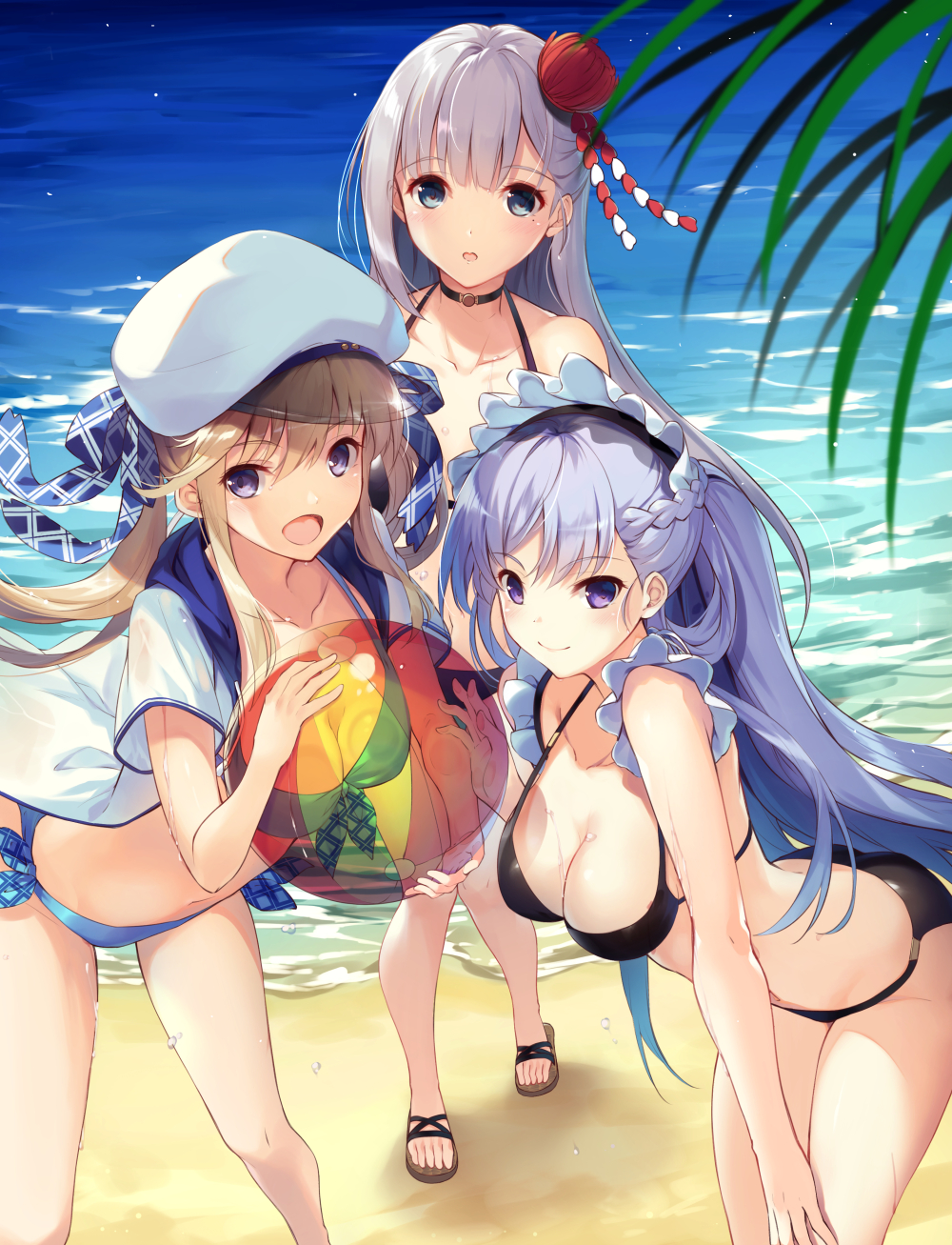 akanebi alternate_costume ass azur_lane bad_id bad_pixiv_id ball bangs bare_shoulders beach beachball belfast_(azur_lane) beret bikini black_bikini blonde_hair blue_bikini blue_eyes blue_sky blush braid breasts chain choker cleavage cloud collar collarbone commentary_request cucouroux_(granblue_fantasy) day eyebrows_visible_through_hair french_braid frills granblue_fantasy hair_ornament hair_ribbon hat highres holding holding_ball large_breasts leaning_forward long_hair looking_at_viewer medium_breasts mole mole_under_eye multiple_girls ocean open_mouth outdoors palm_leaf ribbon sand sandals shoukaku_(azur_lane) silver_hair sky smile swimsuit thighs twintails waves