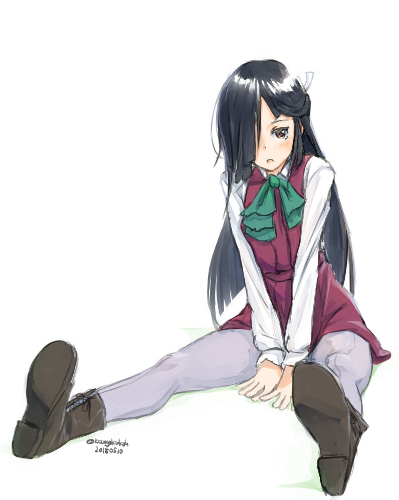 black_footwear black_hair boots bow bowtie cross-laced_footwear dated full_body grey_legwear hair_over_one_eye hair_ribbon halterneck hayashimo_(kantai_collection) kangoku_kou kantai_collection lace-up_boots long_hair pantyhose ribbon school_uniform shirt simple_background sitting solo twitter_username very_long_hair white_background white_shirt