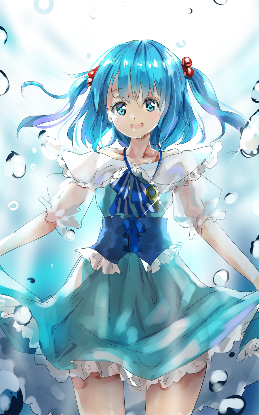 :d backlighting bangs blue_dress blue_eyes blue_hair blue_skirt blush bubble collarbone corset cowboy_shot dress eyebrows_visible_through_hair floating_hair frilled_skirt frills hair_bobbles hair_ornament highres kawashiro_nitori key long_hair looking_at_viewer open_mouth puffy_short_sleeves puffy_sleeves see-through shiny shiny_hair shironeko_yuuki short_sleeves sketch skirt skirt_hold smile solo thighs touhou two_side_up underwater