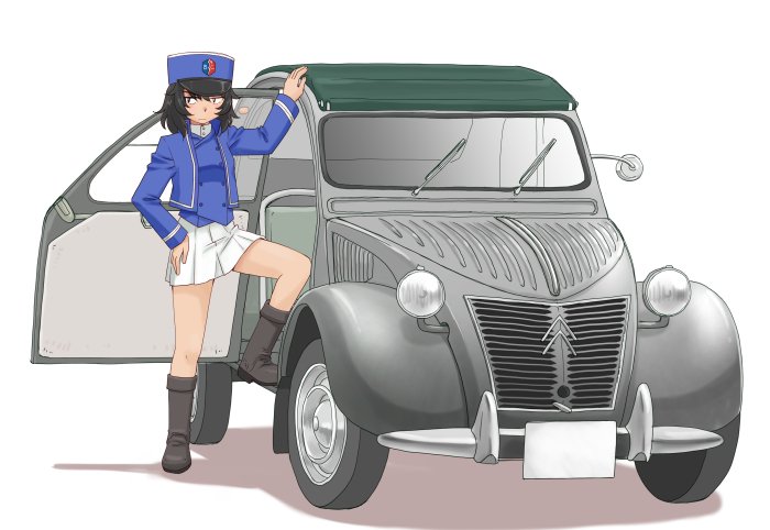 andou_(girls_und_panzer) bc_freedom_(emblem) bc_freedom_military_uniform black_footwear black_hair blue_hat blue_jacket blue_vest boots brown_eyes car citroen_2cv closed_mouth commentary_request dark_skin dress_shirt emblem foot_up frown girls_und_panzer ground_vehicle hand_on_hip hat high_collar jacket knee_boots long_sleeves looking_at_viewer medium_hair messy_hair military military_hat military_uniform miniskirt motor_vehicle pleated_skirt shadow shako_cap shirt simple_background skirt solo standing uniform uona_telepin vest white_background white_shirt white_skirt
